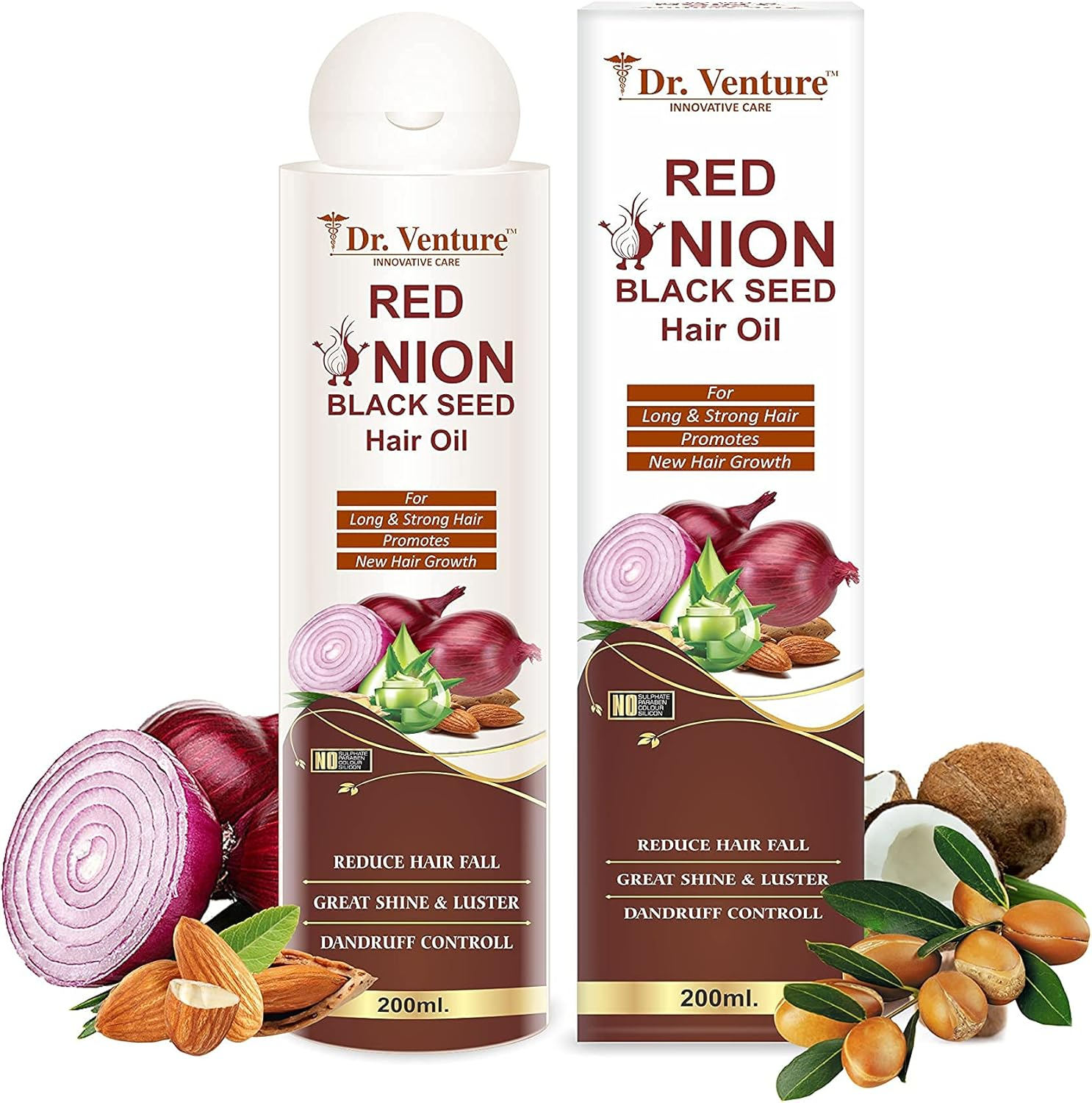 Dr. Venture Onion Hair Oil Made with Onion Black Seed Oil Blend with Essential Oils Reduce Hair Fall - No Mineral Oil, Silicone & Synthetic Fragrance - 200 Ml