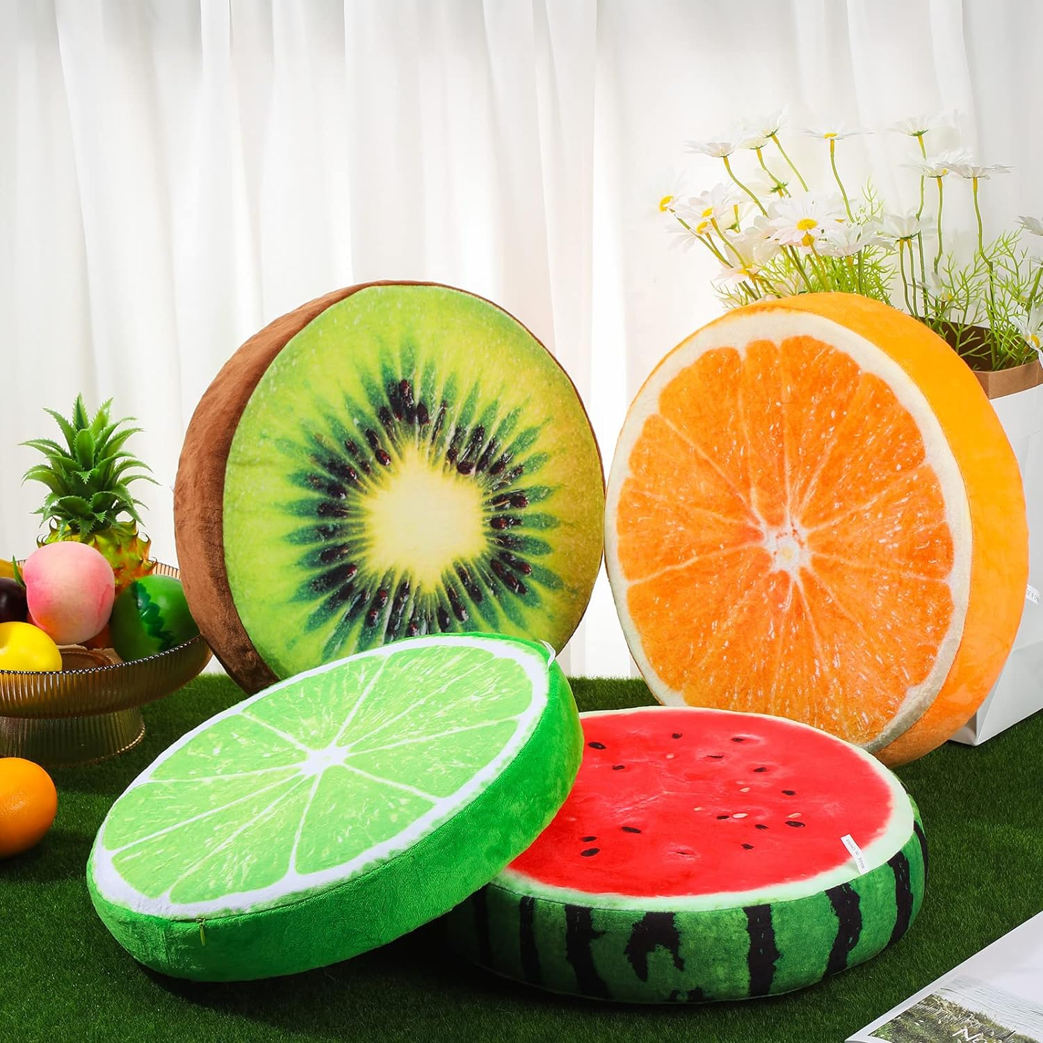 Coume 4 Pcs 15.7 Inch Fruit Pillows round Floor Cushions 3D Watermelon Kiwi Lemon Orange Decorative Stuffed Throw Pillows Chair Toy Seat Floor Seat Cushions for Kids Couch Sofa Classroom image number 5