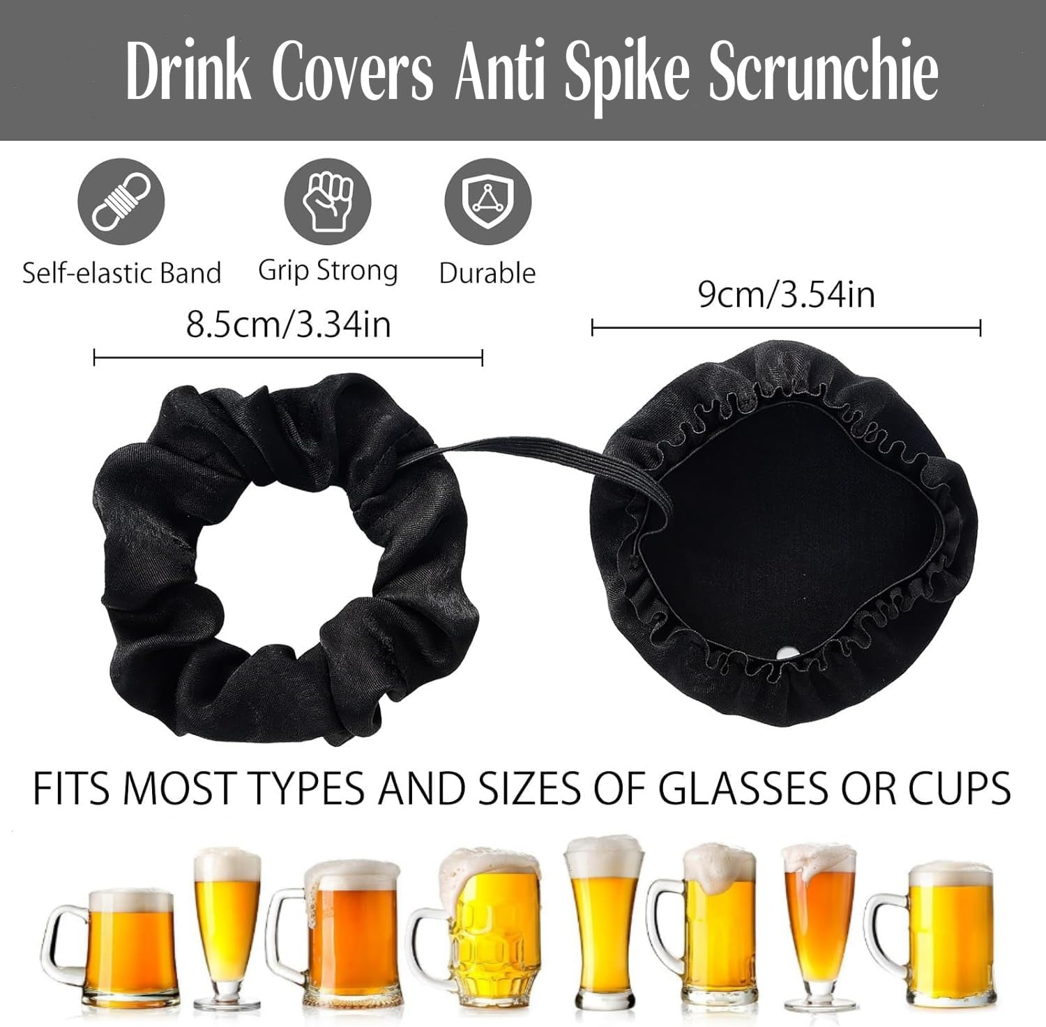 Hair Band for Drink Cover, Pack of 2 Hair Bands, Drink Cover, Scrunchie Cap, Hair Scrunchie, Anti-Spike Drink Lid, Scrunchies, Drink Protection with Straw Hole for Beach, Bar, Parties, Drinks And image number 5
