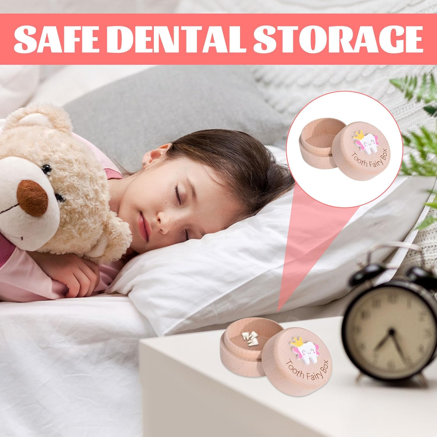 Halit Tooth Fairy Box,1 Pcs Tooth Box with 1Pcs Tooth Fairy Bag, 3D Carved Wooden Tooth Box Keepsake，Tooth Fairy Pouch for Girl,Tooth Holder for Kids Teeth with Tooth Fairy Bag Storage Gift image number 1
