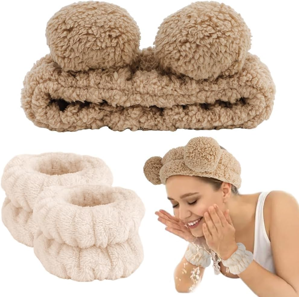 Ceeyoll Pack of 3 Spa Face Headband, Make up Hair Band, Elastic Make up Hair Band, Soft Make up Headband, Suitable for Facial Cleansing, Bathing and Cosmetics (Brown Colour, Bear Ears) image number 3