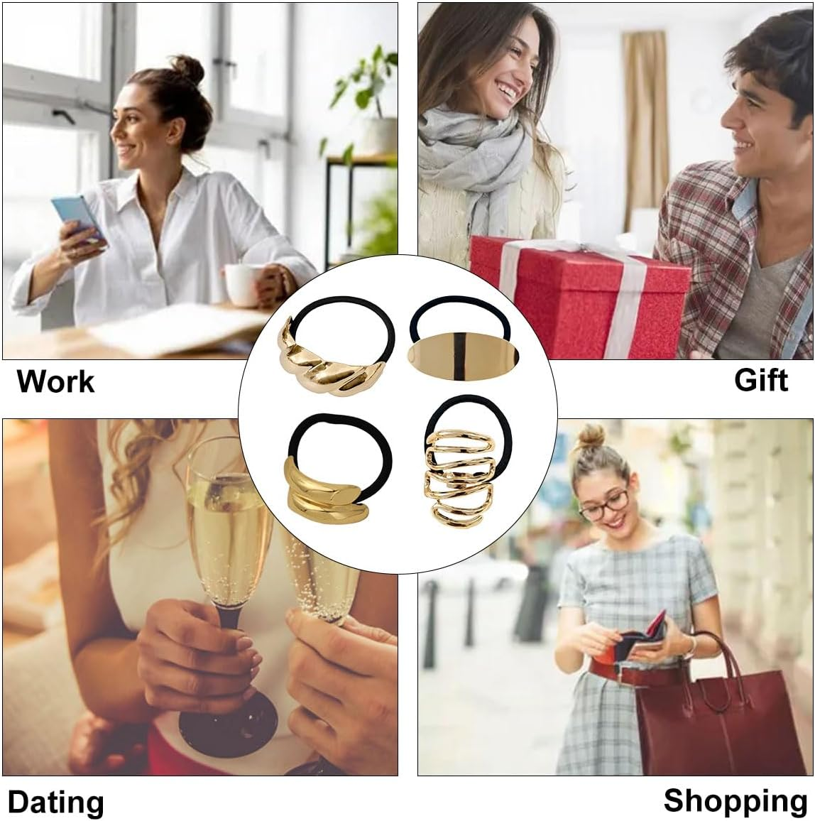 Golden Hair Scrunchie Bracelet, Gold Elastic Hair Bands, Pack of 4, Girls, Geometric Style, Elastic, for Girls and Women image number 3