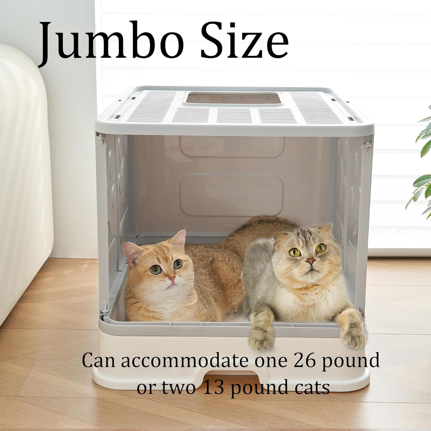 Extra Large Cat Litter Box Jumbo Foldable Kitty Litter Box with Lid Covered Enclosed Top Entry Big Cat Toilet with Scoop Sift Oversized Litter Pan Less Track for Indoor Multi Cats (Grey) - Grey image number 2