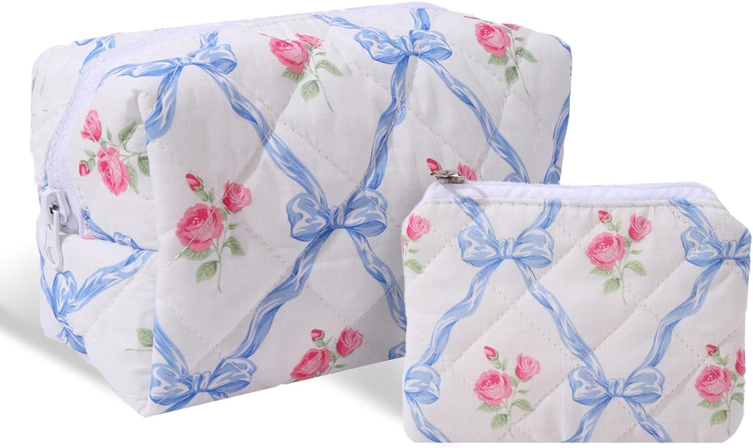 LYDZTION 2PCS Cute Quilted Makeup Bag for Women, Floral Makeup Bag Cosmetic Bag Pouch Coquette Bow Small Makeup Bags Aesthetic Stuff Travel Essentials for Women, Blue