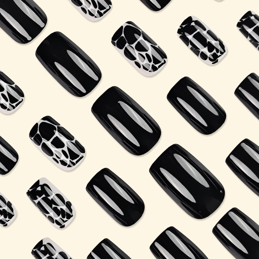 ＴＩＺＹＦＦ Press on Nails, Black Leopard Print Fake Nails, Artificial Nails for Women and Girls -24 Pcs image number 1
