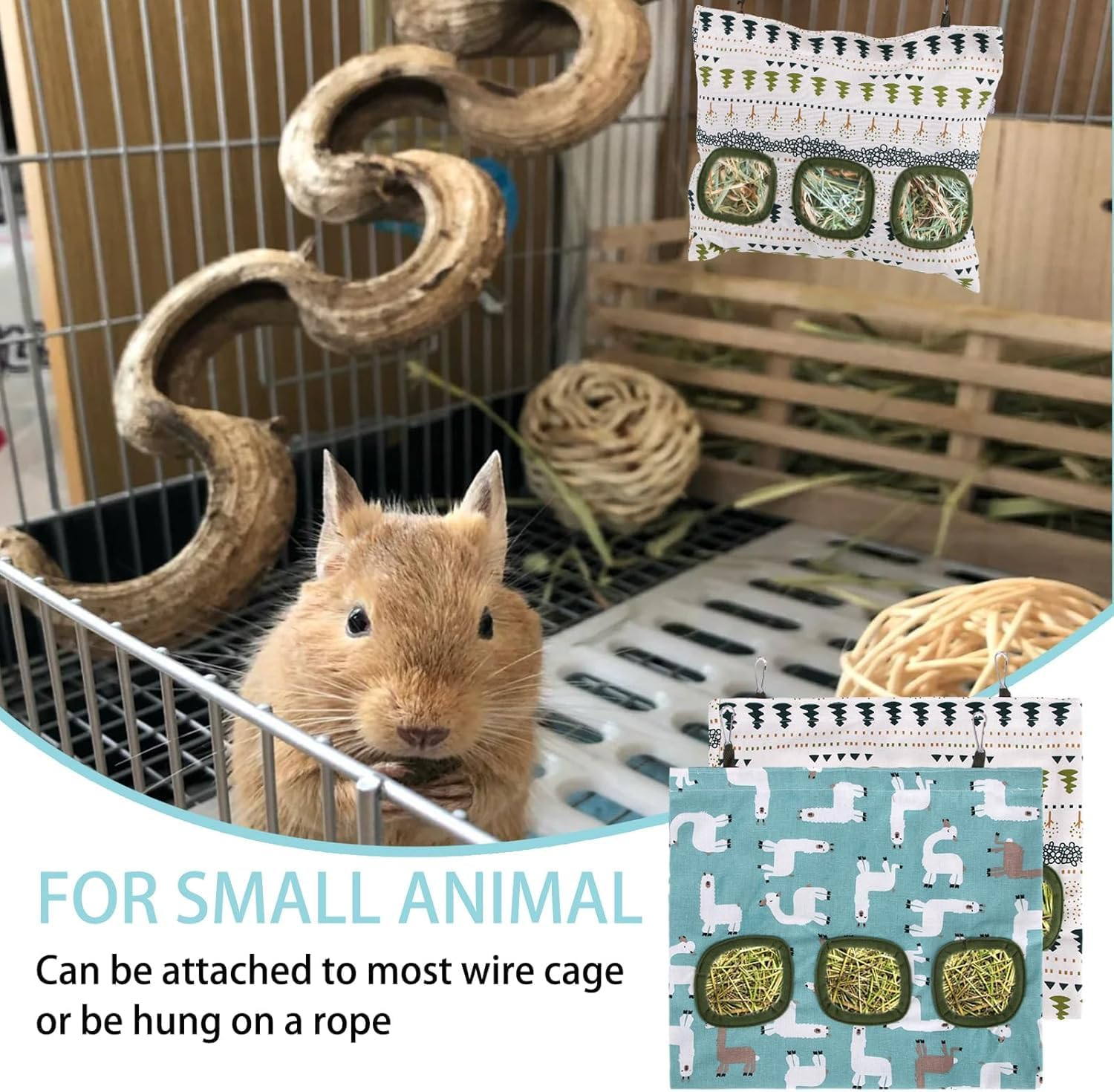 2 Pcs Rabbit Hay Feeder Bag, Small Animal Hay Feeder Holder with 3 Pockets, Guinea Pig Hay Feeder,Hay Dispenser Storage Manger for Rabbit Guinea Pig Hamsters Chinchilla Small Pets