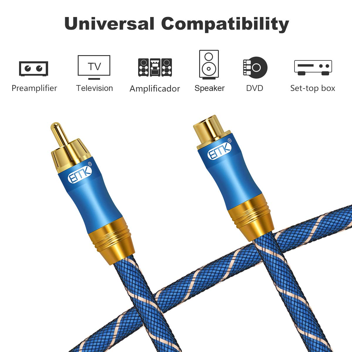 EMK RCA Extension Cable, Coaxial Audio Cable Male to Female Gold Plated Rca/Phono Subwoofer Stereo Cables for Hi-Fi Home Theater, TV, Amplifier, Speaker (3Ft/1M, Blue) image number 6