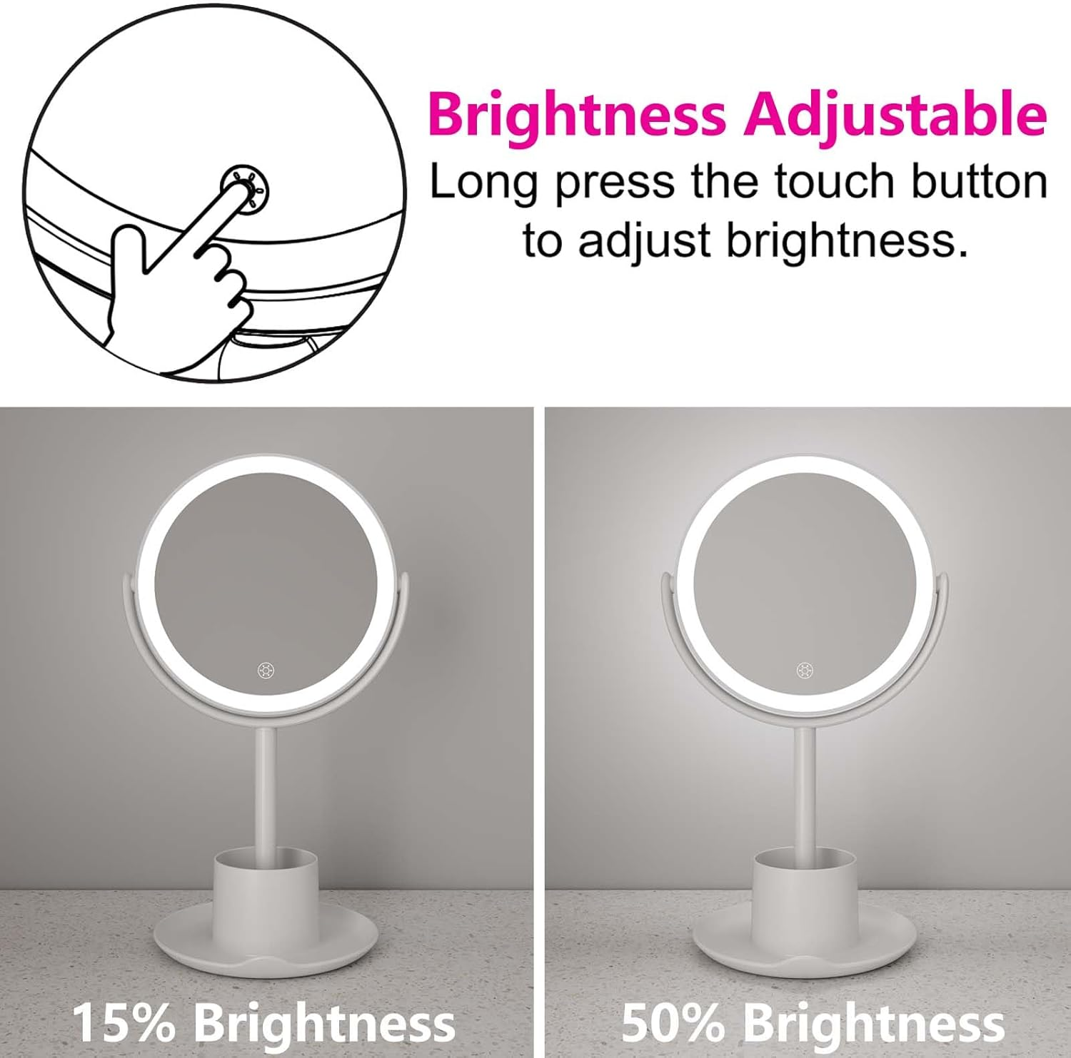 Dual Sided Makeup Mirror 22X22Cm 10X Magnifying Mirror Adjustable LED Light with Storage Tray Mobile Phone Holder image number 1