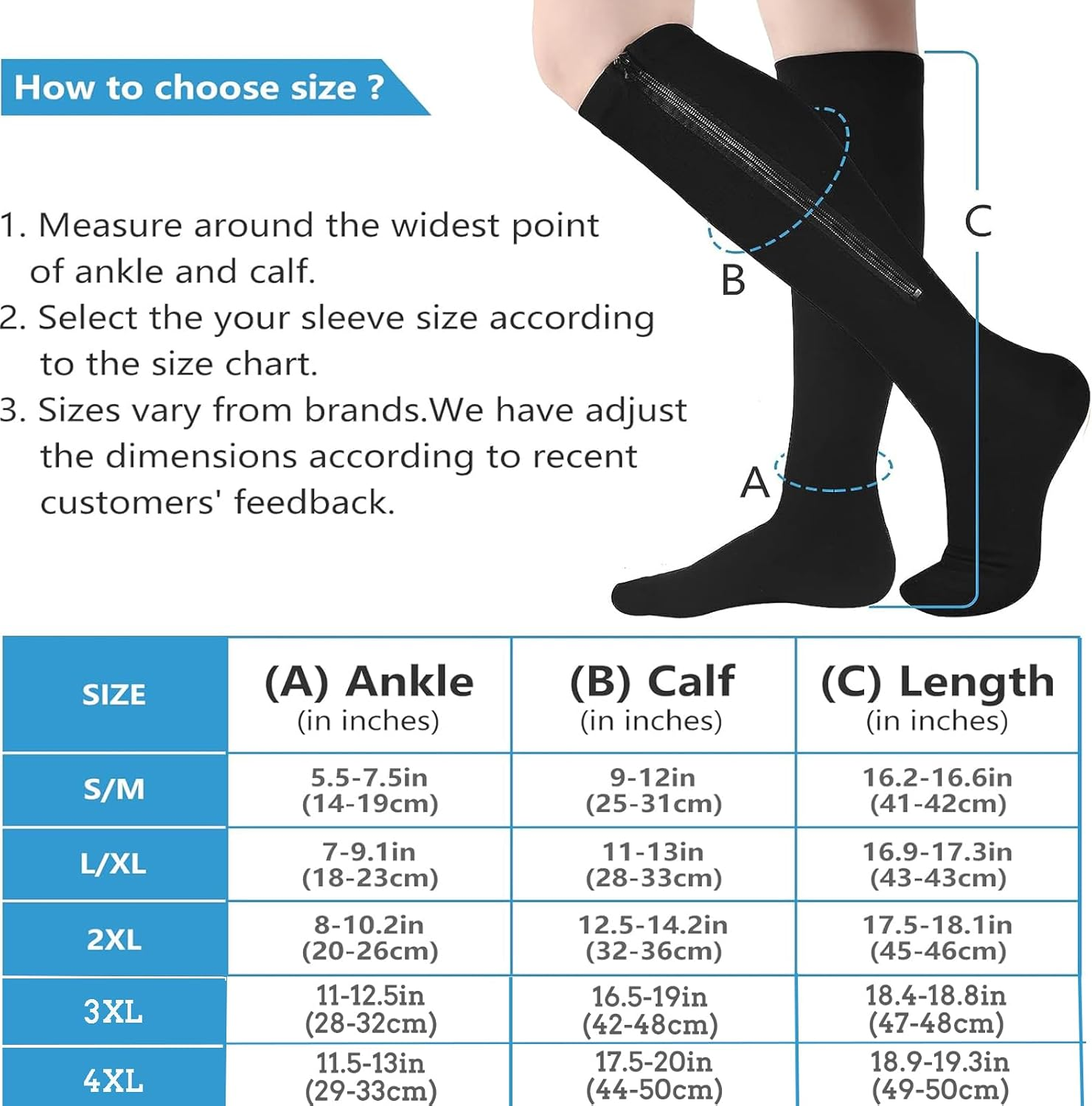 Bropite Zipper Compression Socks Women&Men 2 Pairs Knee High 15-20 Mmhg Closed Toe Compression Socks for Running, Varicose