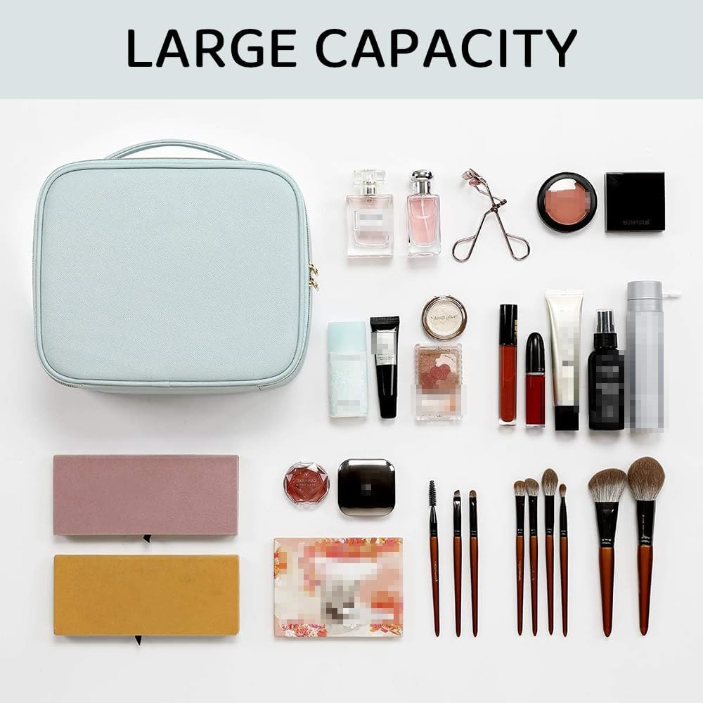 HYAVIA Travel Cosmetic Makeup Bag, PU Leather Large Storage Case with Multi-Compartments & Dividers for Brushes, Toiletries, Jewelry &ndash; Organizer with Handle image number 4