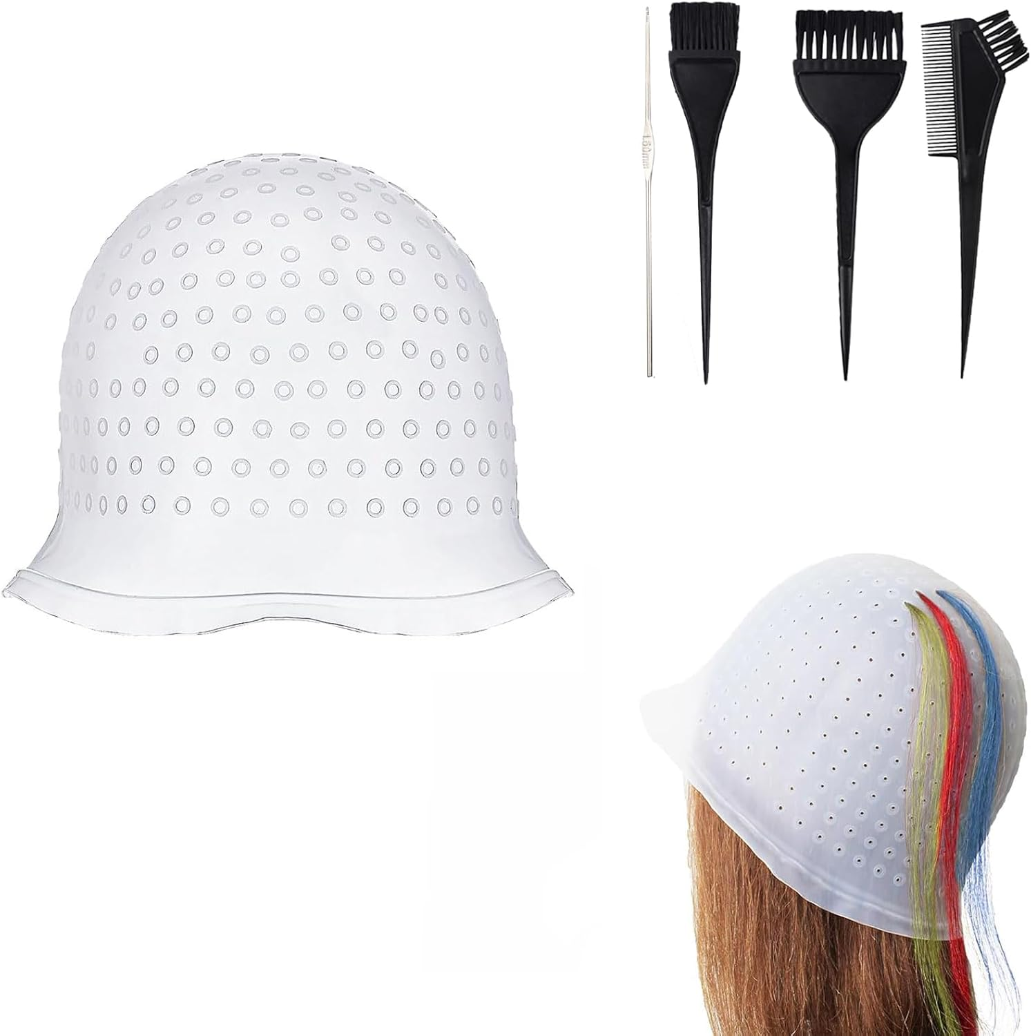 Yeenano Highlight Hair Cap,Silicone Highlighting Cap with Hook Needles Reusable Bleach Caps Hair Dye Comb Dyeing Highlight Caps Hook Hairdressing Salon for Long Hair Short Hair image number 2