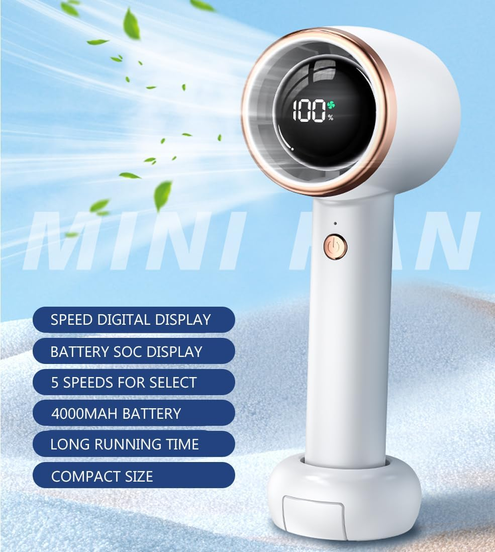 RINGSUN Handheld Fan Rechargeable, Portable Fan with Phone Holder Base, 4000Mah Small Turbo Fan for Home Office Travel Cooling, White - Pink image number 5