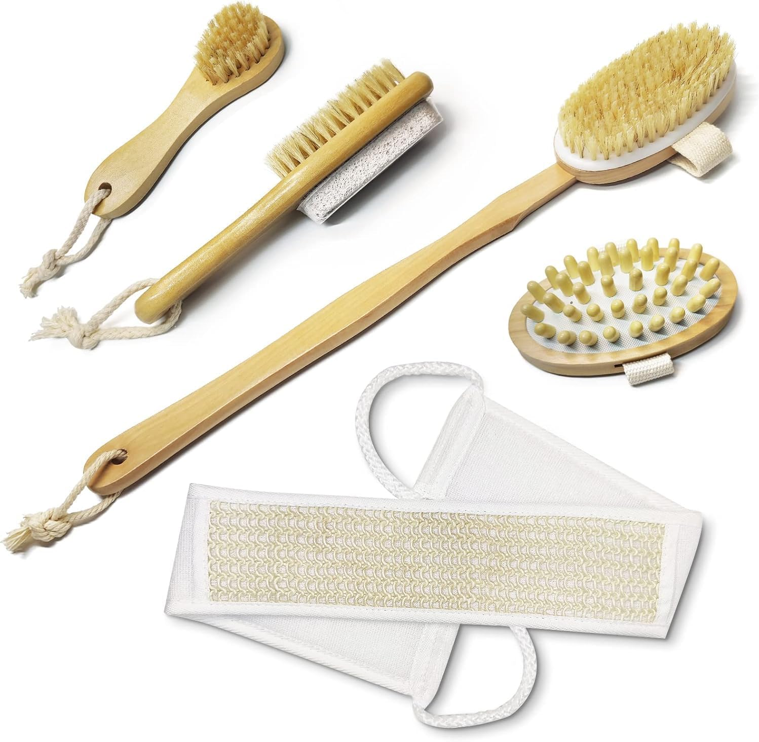 5 Pcs Exfoliating Brush Bath Brush Kit, Body Brush Set, Natural Boar Bristle Body Brush, Back Scrubber, Face Brush, Feet Brush, Massage Nodules Brush Wooden, Suitable for All Kinds of Skin image number 3