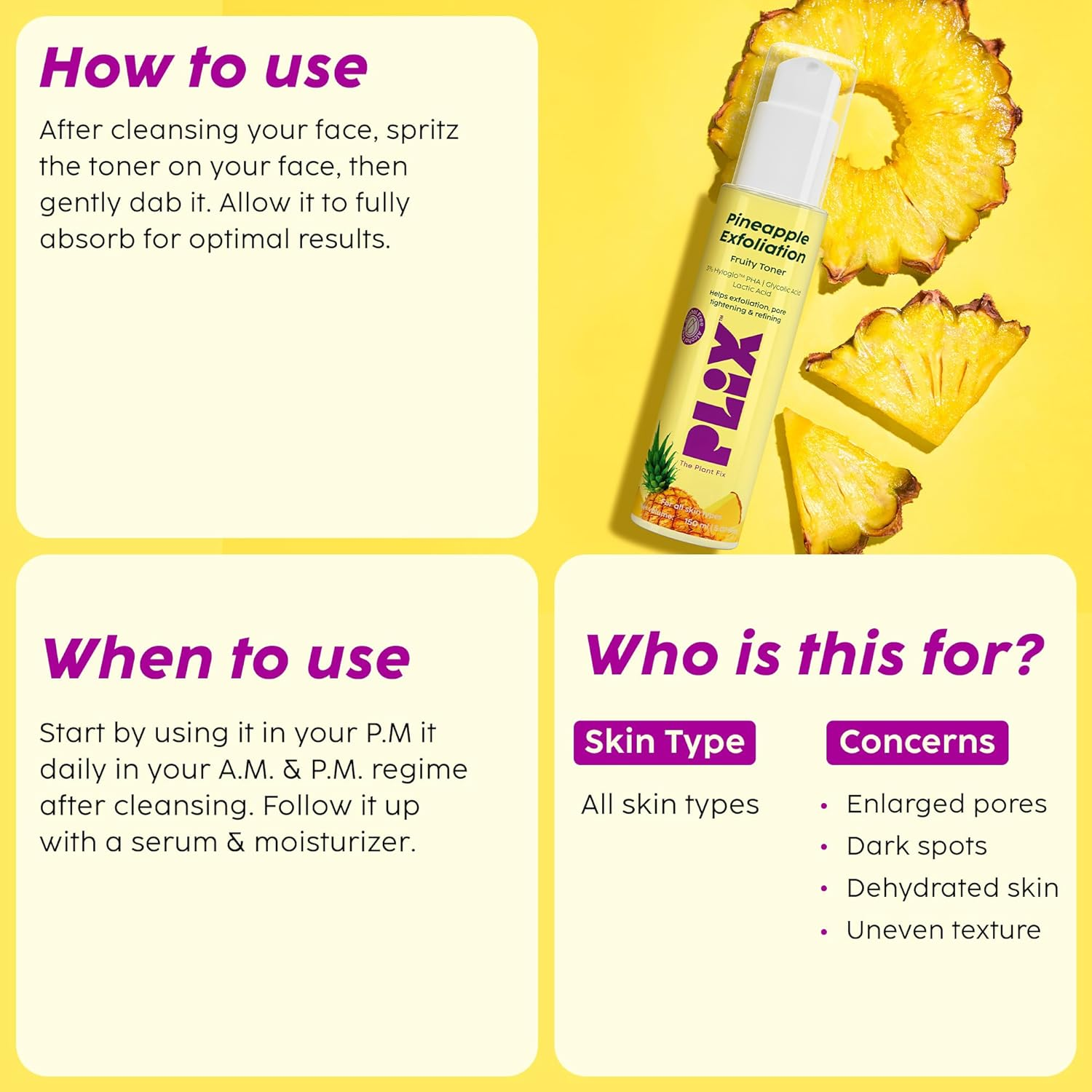 PLIX - the PLANT FIX Pineapple PHA 3% Alcohol Free Face Toner (150Ml) | Pore Tightening & Mild Exfoliation for Oily Acne Prone Sensitive & Normal Skin | Hydrating Face Toner for Glowing Skin image number 6
