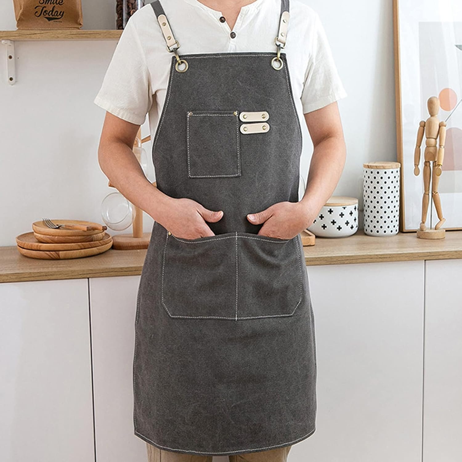 Kitchen Thicken Canvas Apron for Woman Men Waterproof Stain-Resistant with Pockets Cooking Apron Woodworking Painting Work Apron,Apron Overalls Coffee Shop Staff Dress up Hair Salon image number 3