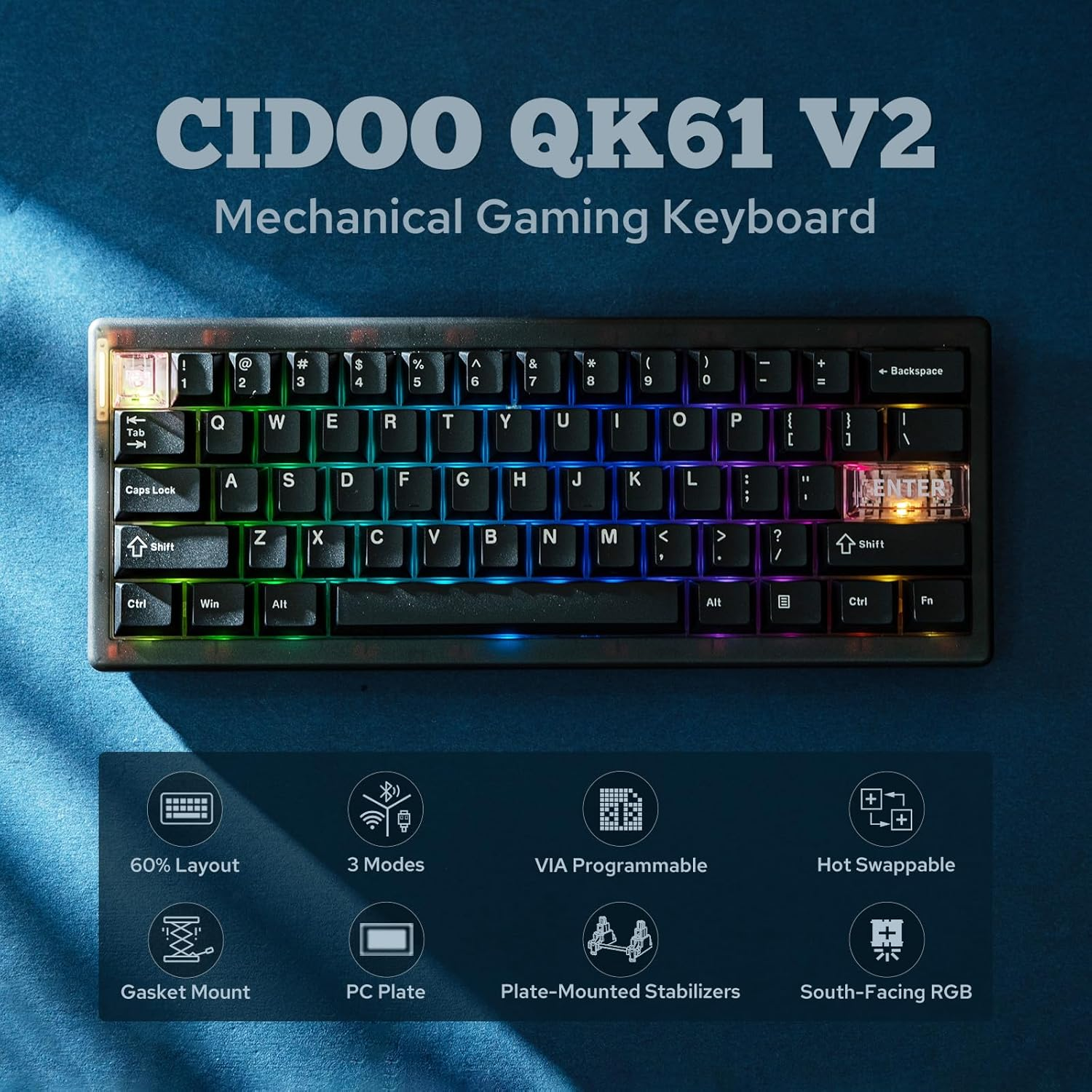 Mechlands CIDOO QK61 via Programmable 60% Compact Keyboard, Wireless Gaming Keyboard, Hot Swappable Custom Keyboard, Gasket Mechanical Keyboard with PC Plate, RGB, 3000Mah Battery for Win/Mac (Black) - White image number 2