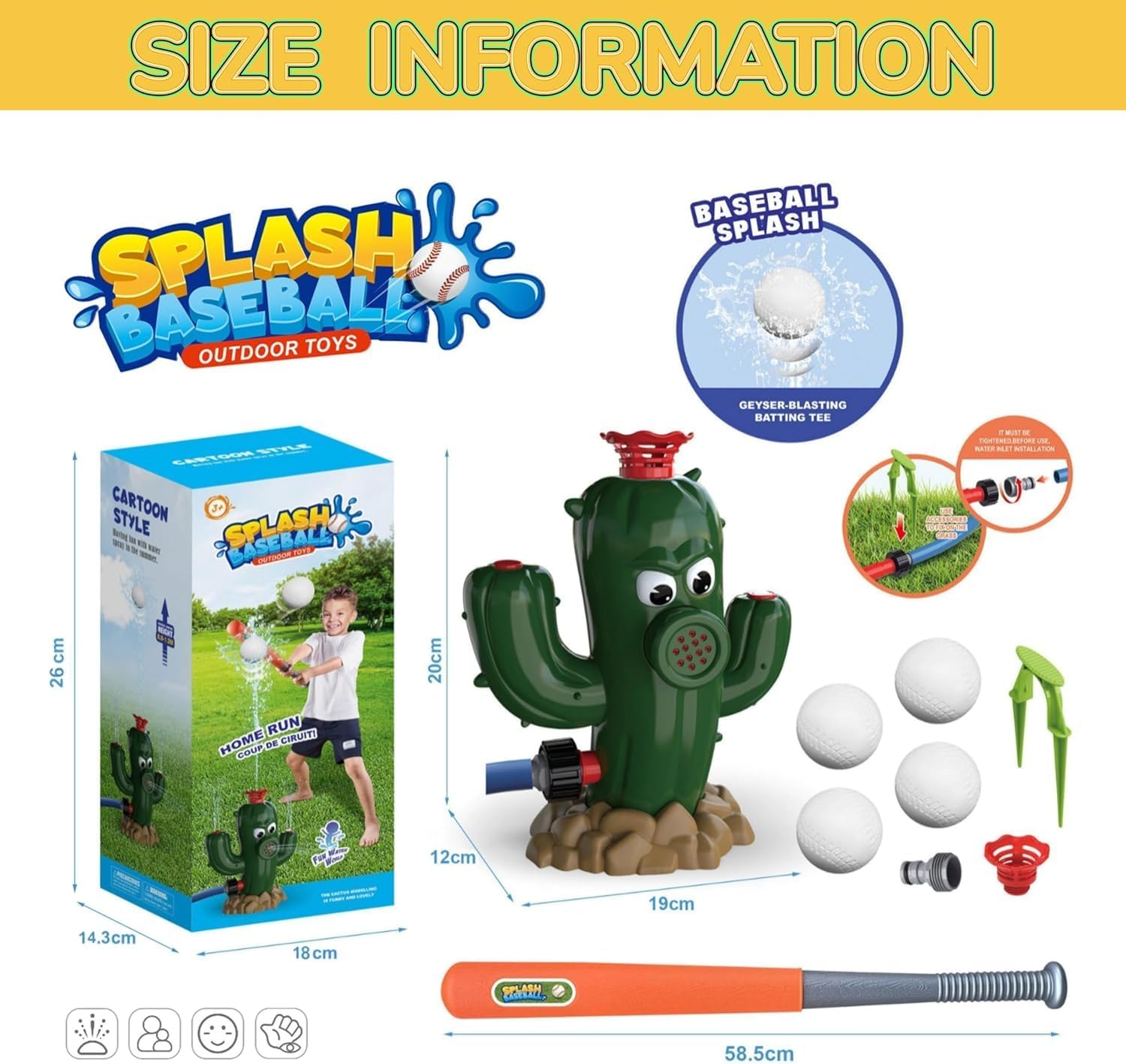 Outdoor Water Spray Sprinkler for Kids & Toddlers, Summer outside Toys Backyard Games, Water Hose Sprinkler | Cactus Shape Garden Watering Sprayer with Baseball Set for Yard and Lawn image number 1