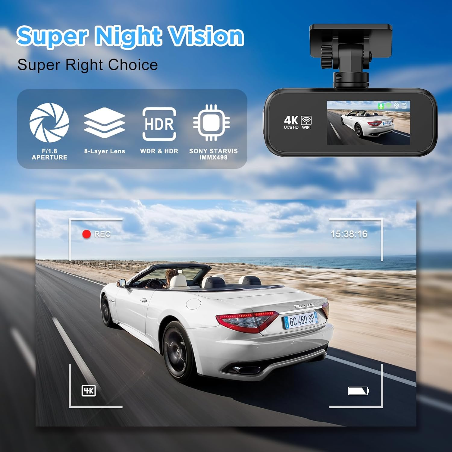 4K+1080P Dash Cam Front and Rear,Wifi Dual Dash Cam with Free 64GB Card, Super Night Vision, 24H Parking Mode, G-Sensor, WDR, APP, Loop Recording, Time-Lapse, 170&deg;/140&deg;, F1.8 Aperture, 4-Layer Lens image number 6