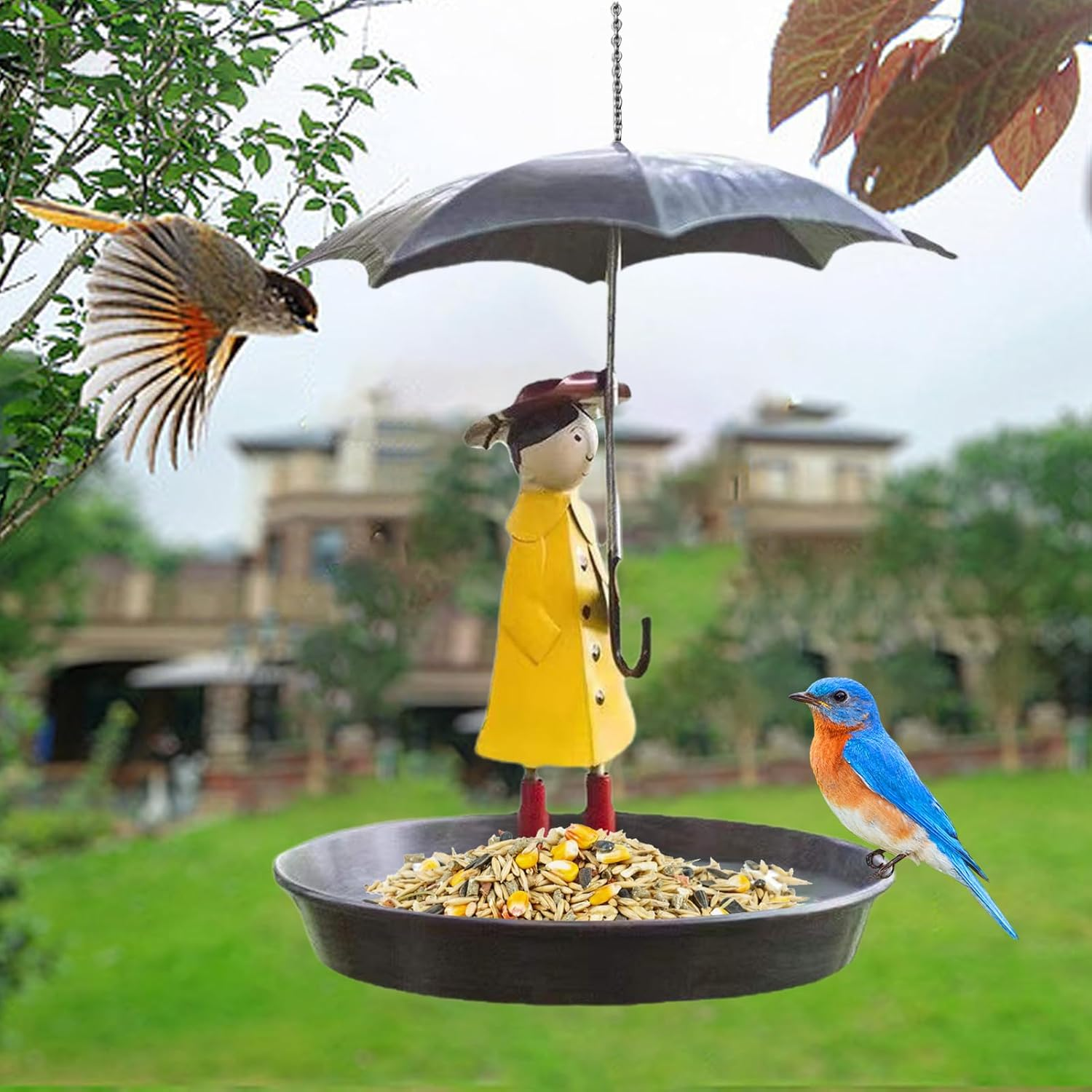 Hanging Garden Bird Feeder: Tray Plate for Girls Umbrella, Outdoor Ornaments Bowl | Wildlife Attraction Characteristic, Lovely Decorative Sculpture Pair image number 1