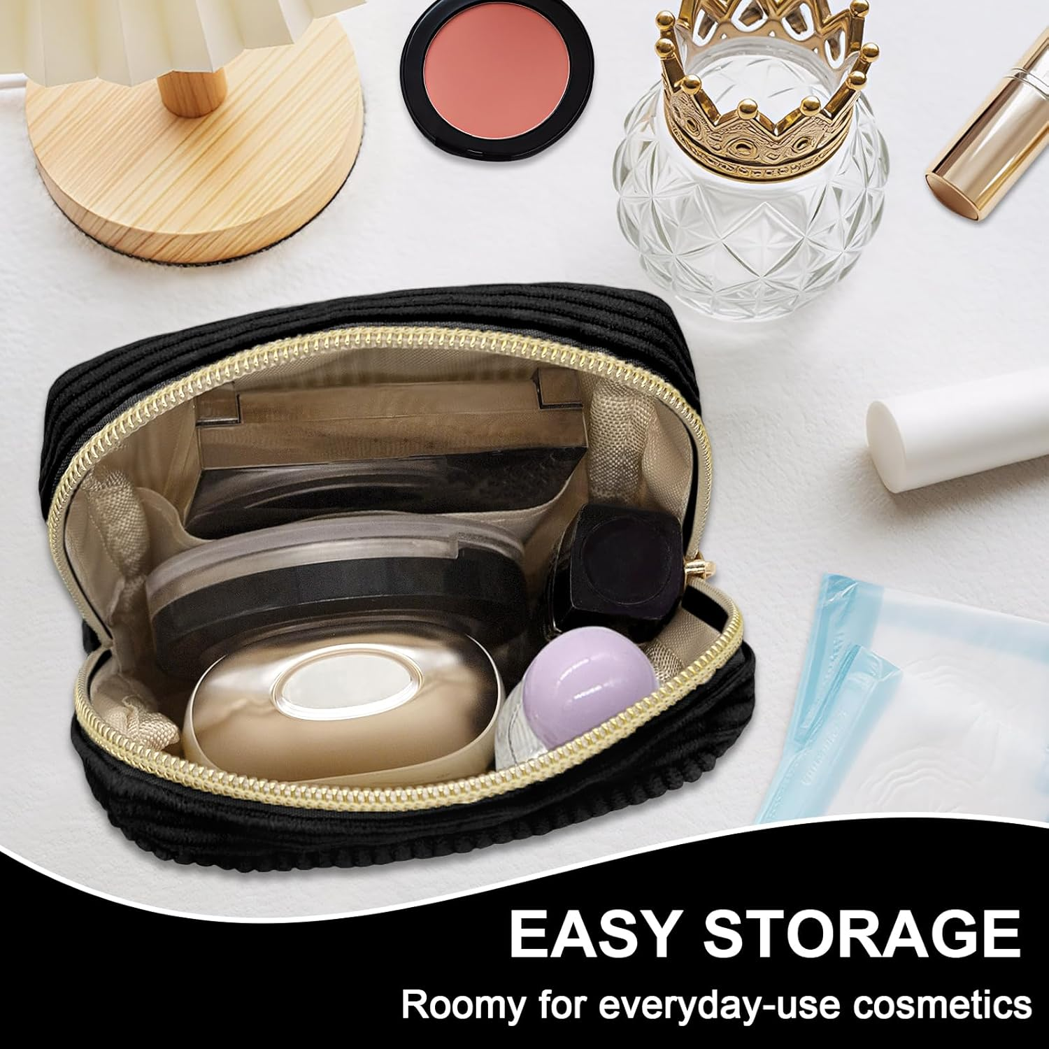 Long Keeper Small Cosmetic Bag for Women Mini Make up Bag for Handbag Solid Colour Cord Makeup Bag with Compartments Travel Makeup Bag for Women, Pure Black, Portable Cosmetic Bag image number 6