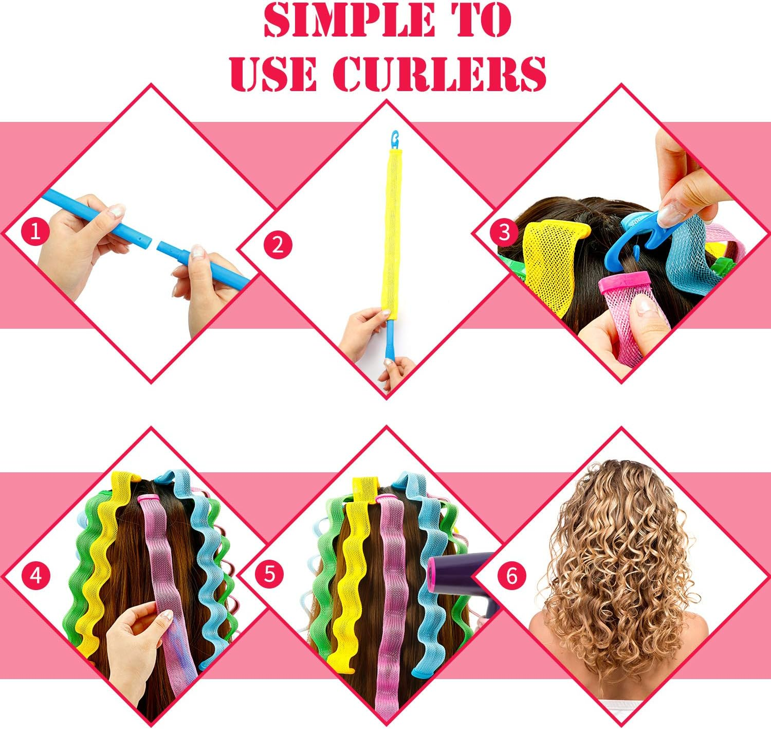 30 Pieces Heatless Waves Curlers Spiral Curls Styling Kit No Heat Hair Waver Spiral Curlers Rollers with 2 Pieces Styling Hooks for Most Hairstyles (25 Cm)