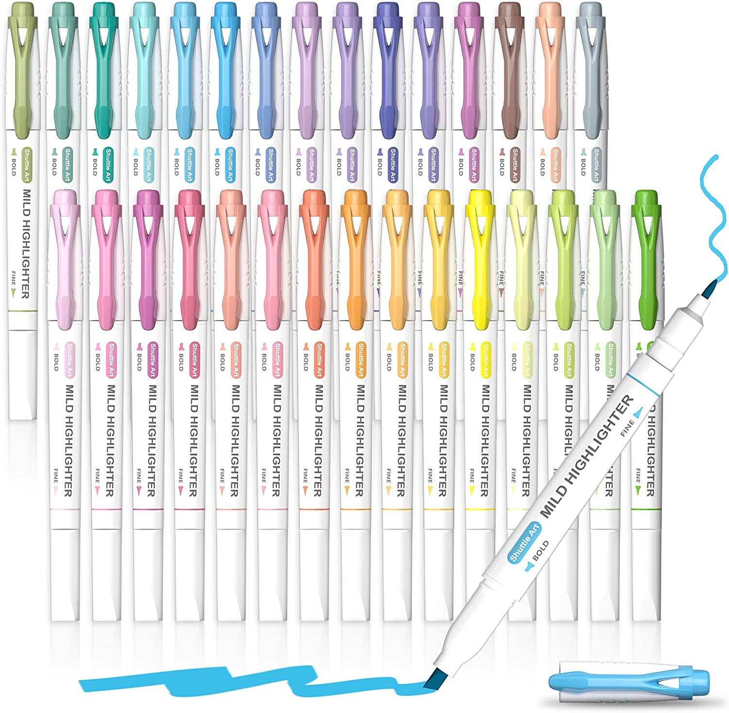 Shuttle Art Pastel Highlighters, 30 Colours Dual Tip Highlighters, Highlighter Markers Assorted Colours, Perfect for Colouring, Underlining, Highlighting, Journaling in School Office Home