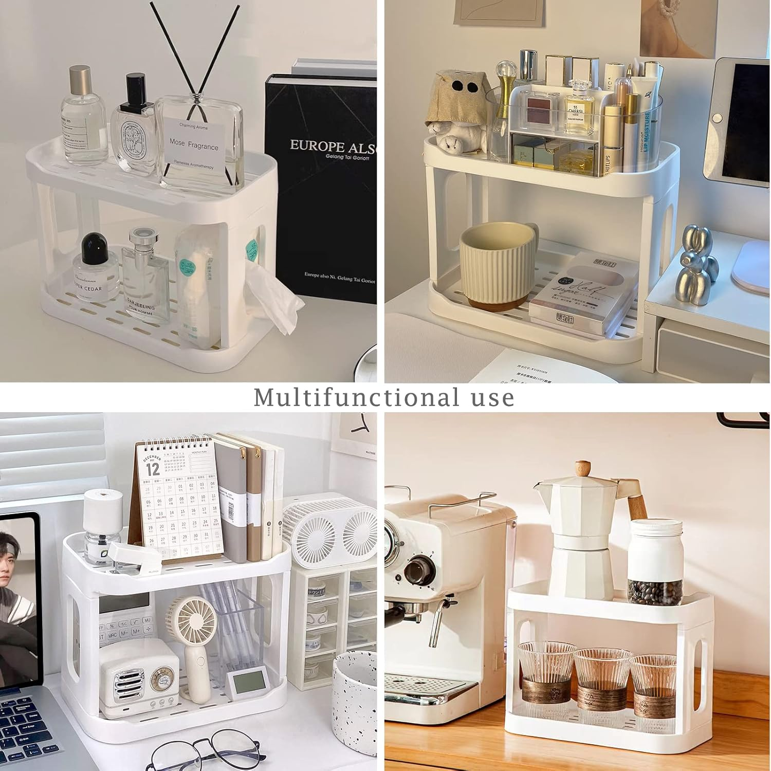 HASPINH 2 Tier Makeup Organizer, Foldable Cosmetic Storage Display Box, Large Capacity Bathroom Countertop Organizer Shelf, Perfume Organizer, Vanity Organizer, Skincare Organizers, Kitchen, White