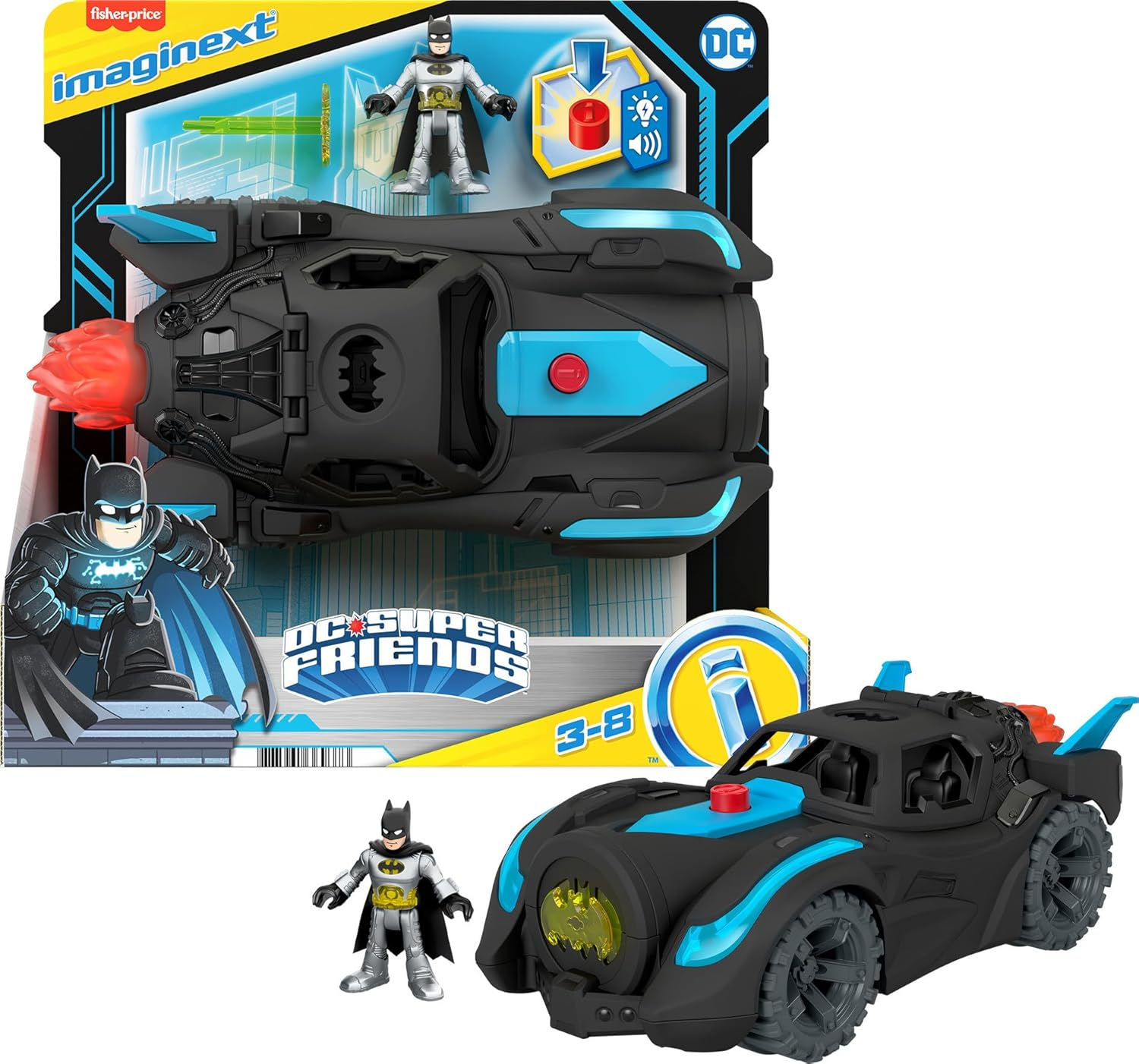 Fisher-Price Imaginext DC Super Friends Lights and Sounds Batman F22 Batmobile Playset} image number 4