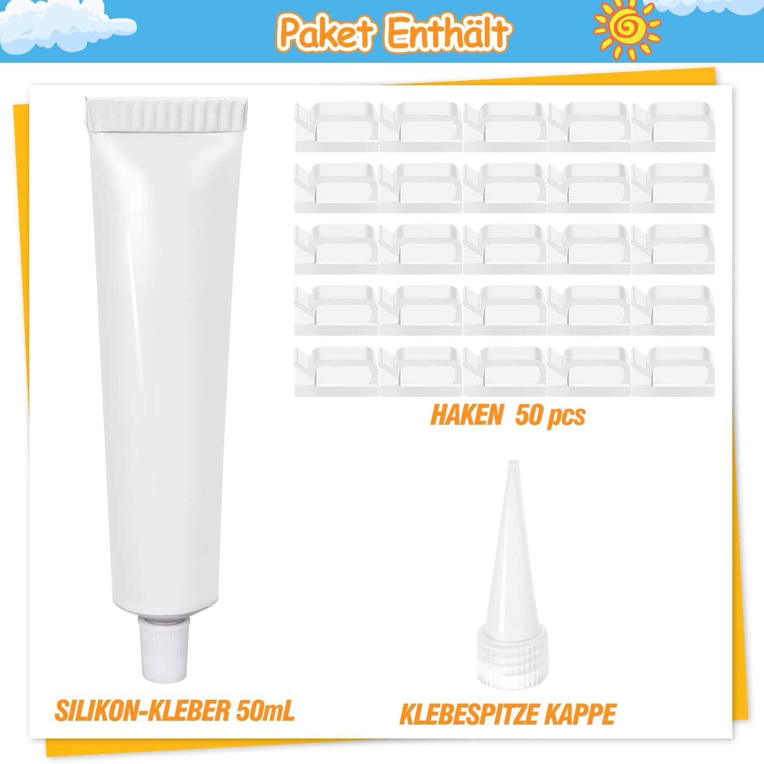 Thomp Adhesive Hooks and Silicone Adhesive Set of 50 for Attaching Cat Net for Balcony No Drilling Transparent Hook Mounting Adhesive Extra Strong 50 Ml Weatherproof Outdoor for Balcony, Window, Wall