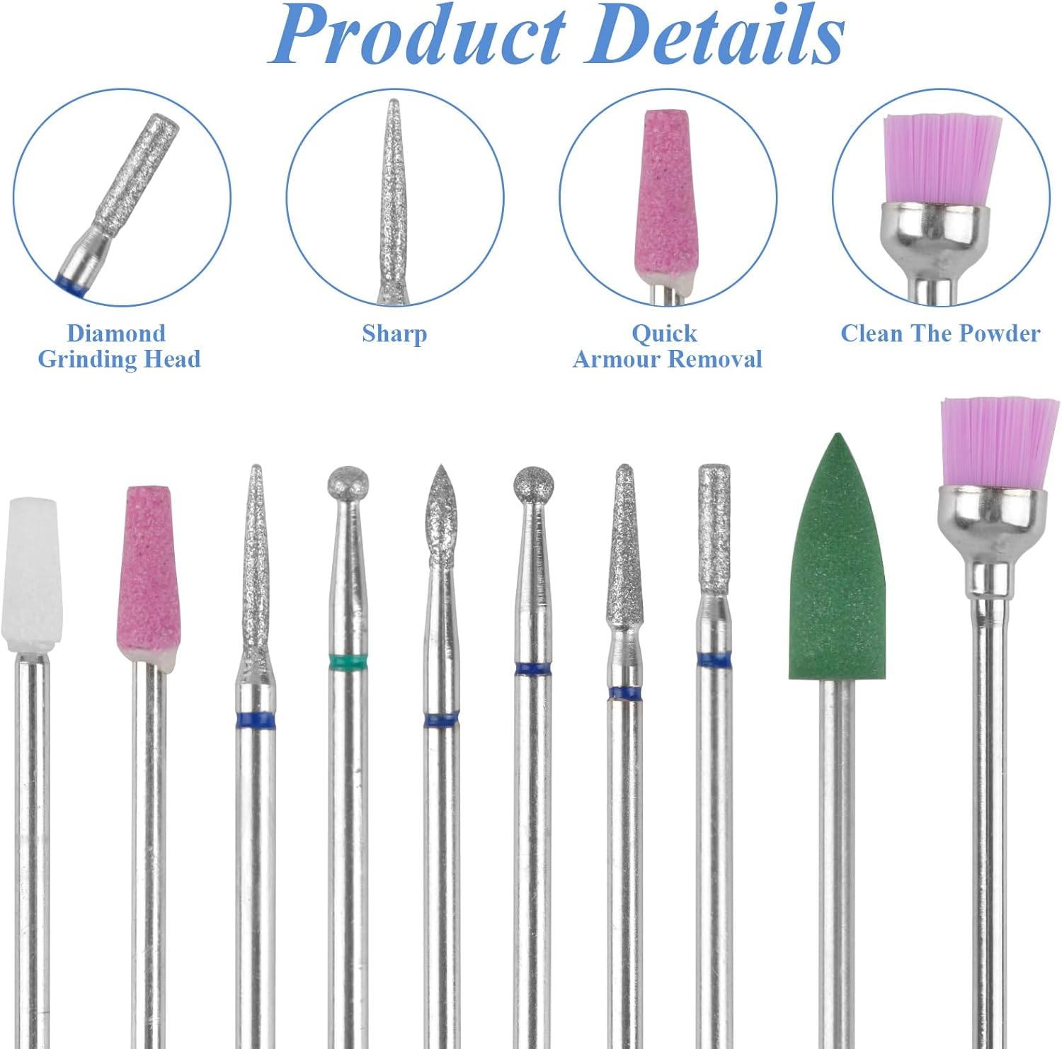 10 Pcs Nail Drill Bits Set, Tungsten Carbide Diamond Nail Drill Bits for Electric E-File Manicure Pedicure Tools, Acrylic Gel Nails Cuticle Remover Kit image number 2