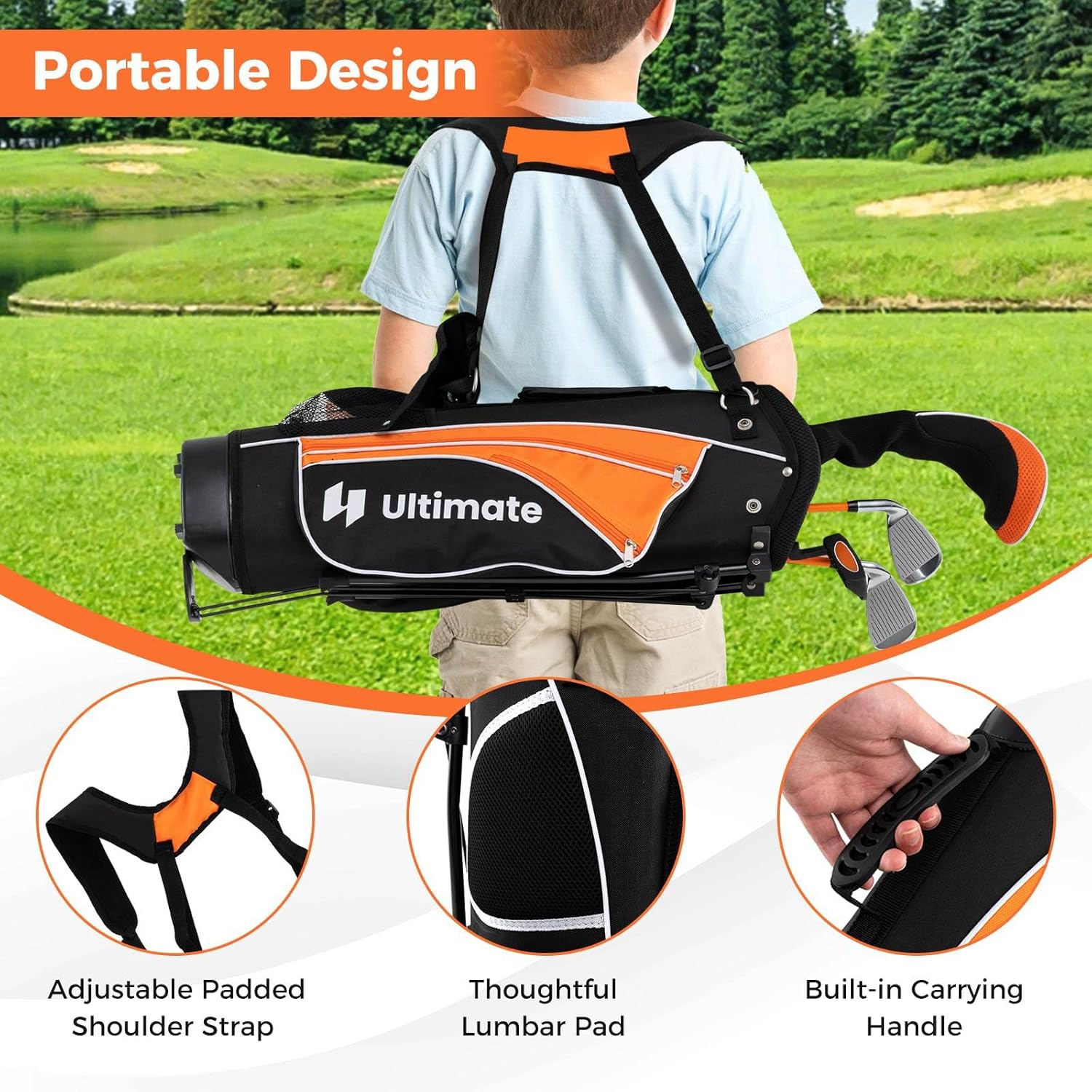 Costway Junior Complete Golf Club Set for Age 8 to 13, Includes 3# Fairway Wood, 7# & 9# Irons, Putter, Head Cover, Golf Stand Bag, Perfect for Children, Kids, Boys & Girls image number 3