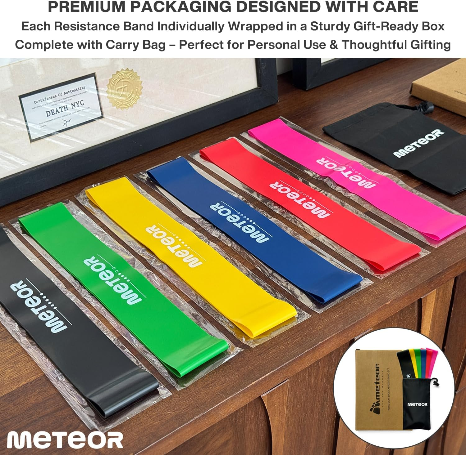 Meteor 6Pcs Resistance Bands Set with Carry Bag &ndash; Elastic Bands, Exercise Bands for Home Gym Workouts, Office Relaxation, Physical Therapy, and Mobility Improvement image number 4