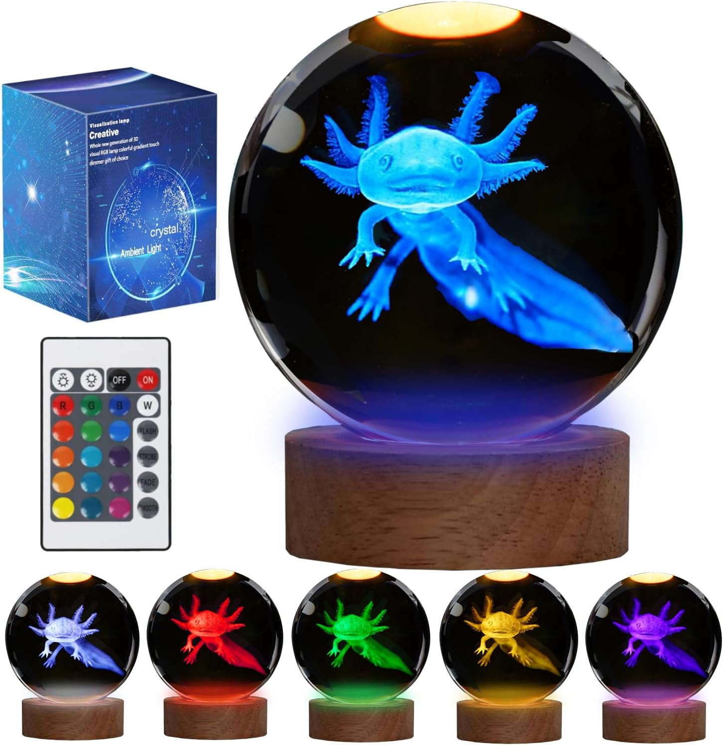 POSSHE Axolotl Night Light, 3D Crystal Ball Lamp with Remote, 16 Color, 3.15 Inch Crystal Ball, Axolotl Figurines, Room Decor, Gifts image number 3
