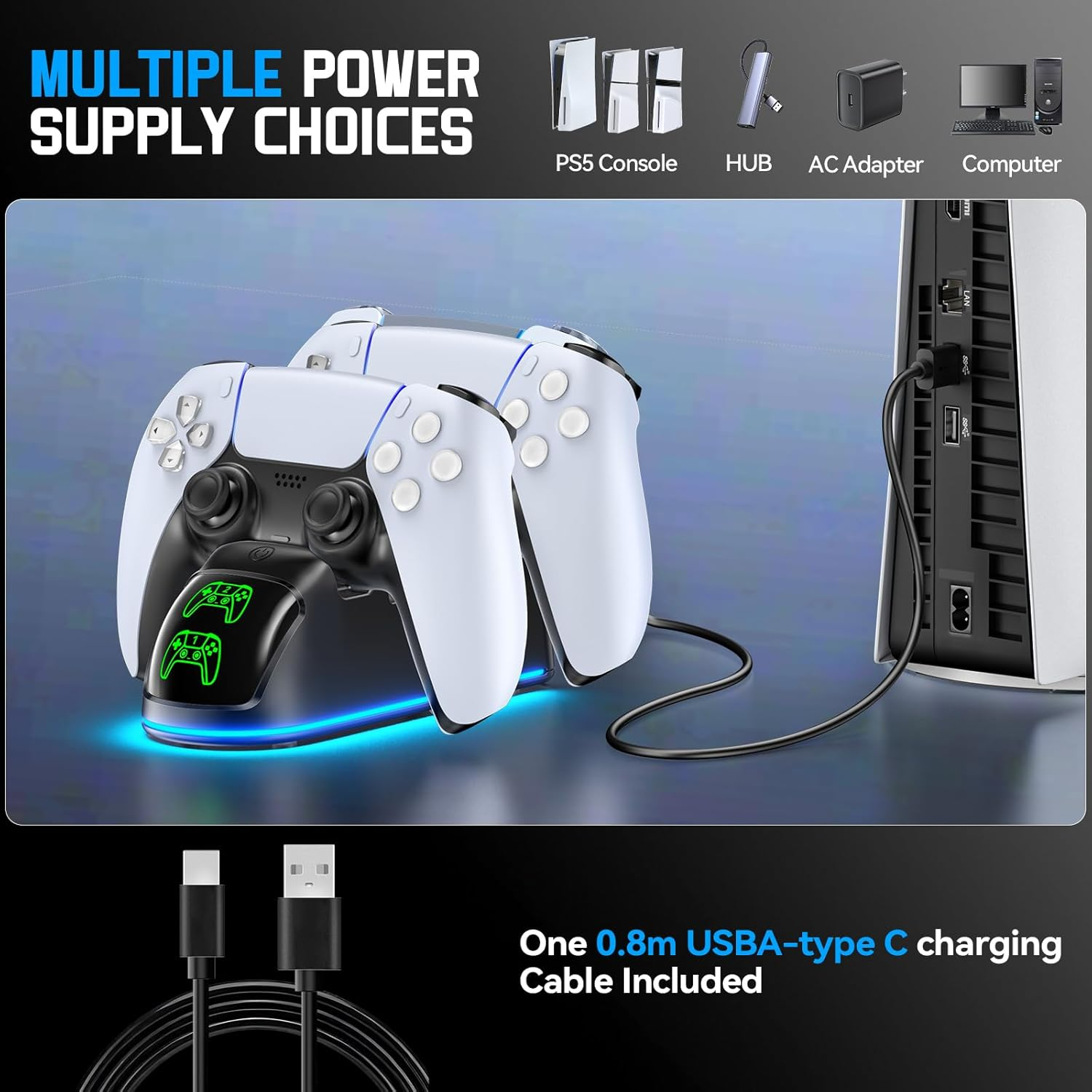 Gersker PS5 Controller Charger, PS5 Charging Station Compatible with Playstation 5 Dual & Edge with RGB Light, Fast PS 5 Charger Dock with Cable for PS 5 Accessories, Black コントローラー充電スタンド image number 6