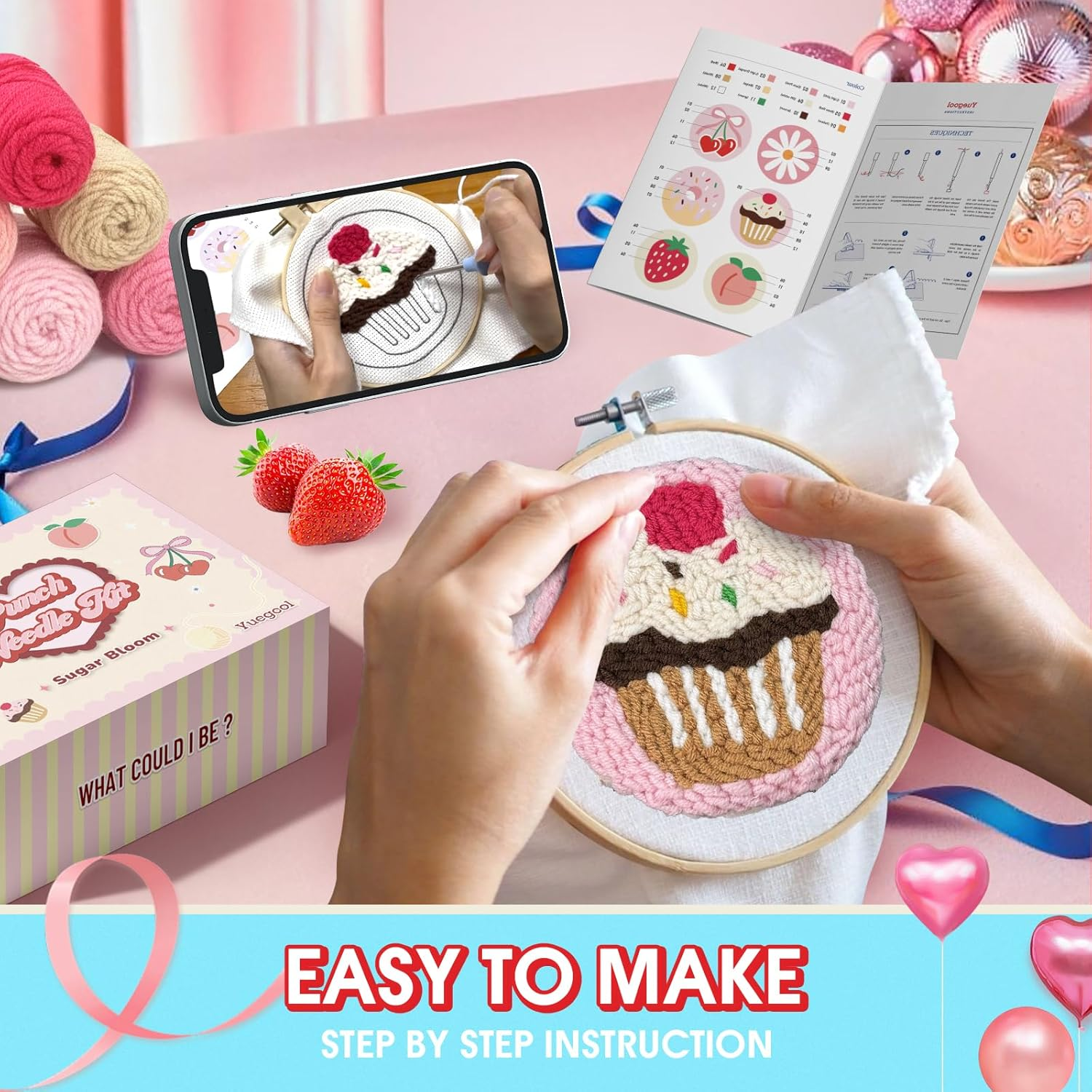 Yuegool 6PCS Punch Needle Coaster Kit,Easy DIY Embroidery Set for Beginners, Kids & Adults,Valentine&rsquo;S Day Gift with Patterns, Tools, Yarns, Hoop, Instructions & Coaster Holder image number 1