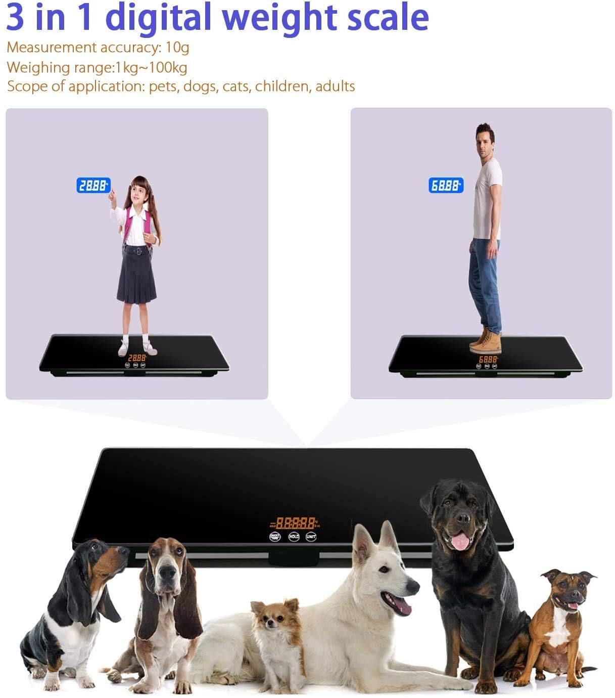 Digital Pet Scale to Measure Dog and Cat with 3 Weighing Modes, Kg, Oz, Lb, 220 Pound, Lbs, Capacity with Precision of 10G, Black 25.6 17.7Inch image number 1