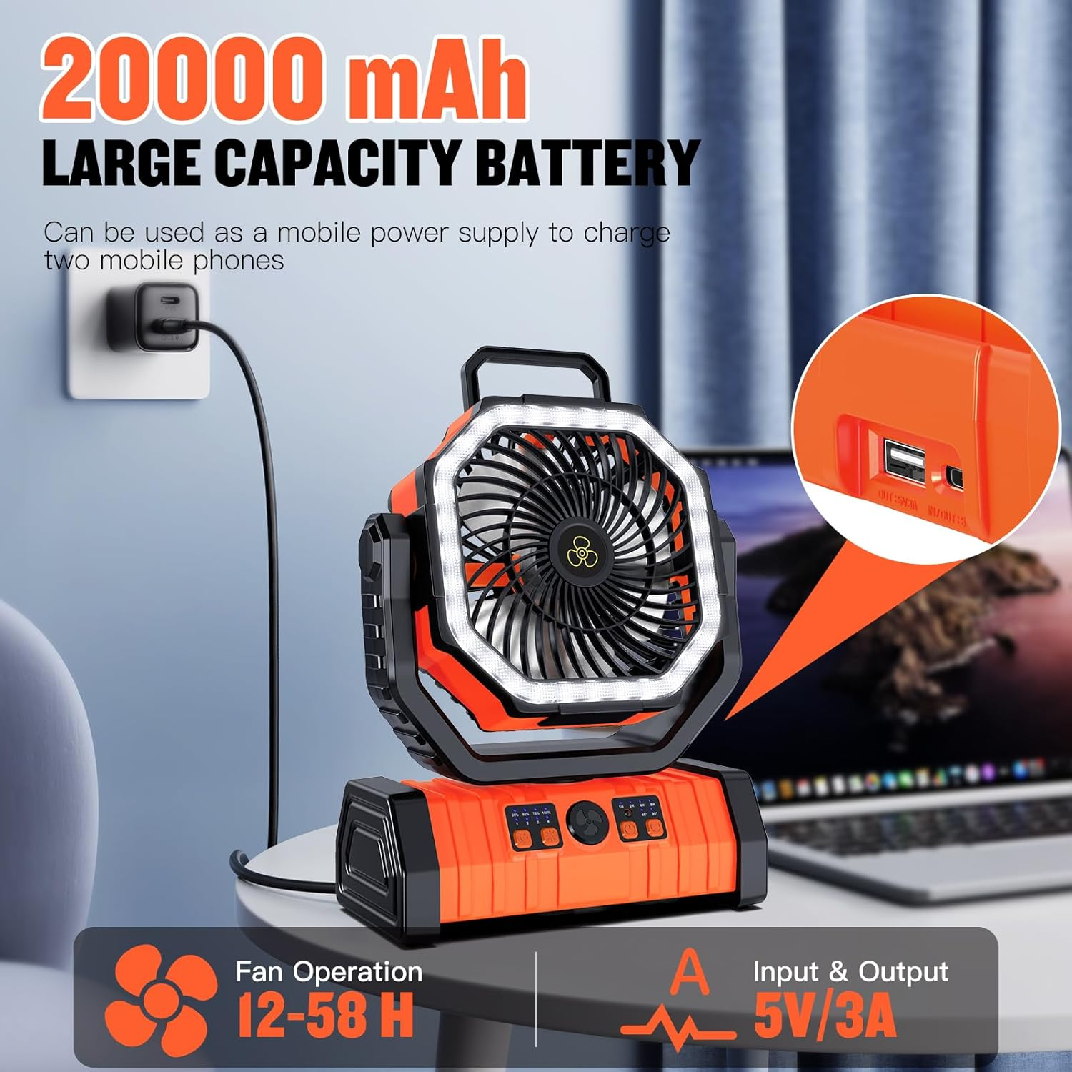 Portable Camping Fan, Spopal 20000Mah Rechargeable Tent Fan with LED Lantern, 4 Speeds and 360&deg; Hook, Remote, Timer, 145H Runtime, Power Bank Function, for Camping, Fishing, Indoor Use-Orange image number 3
