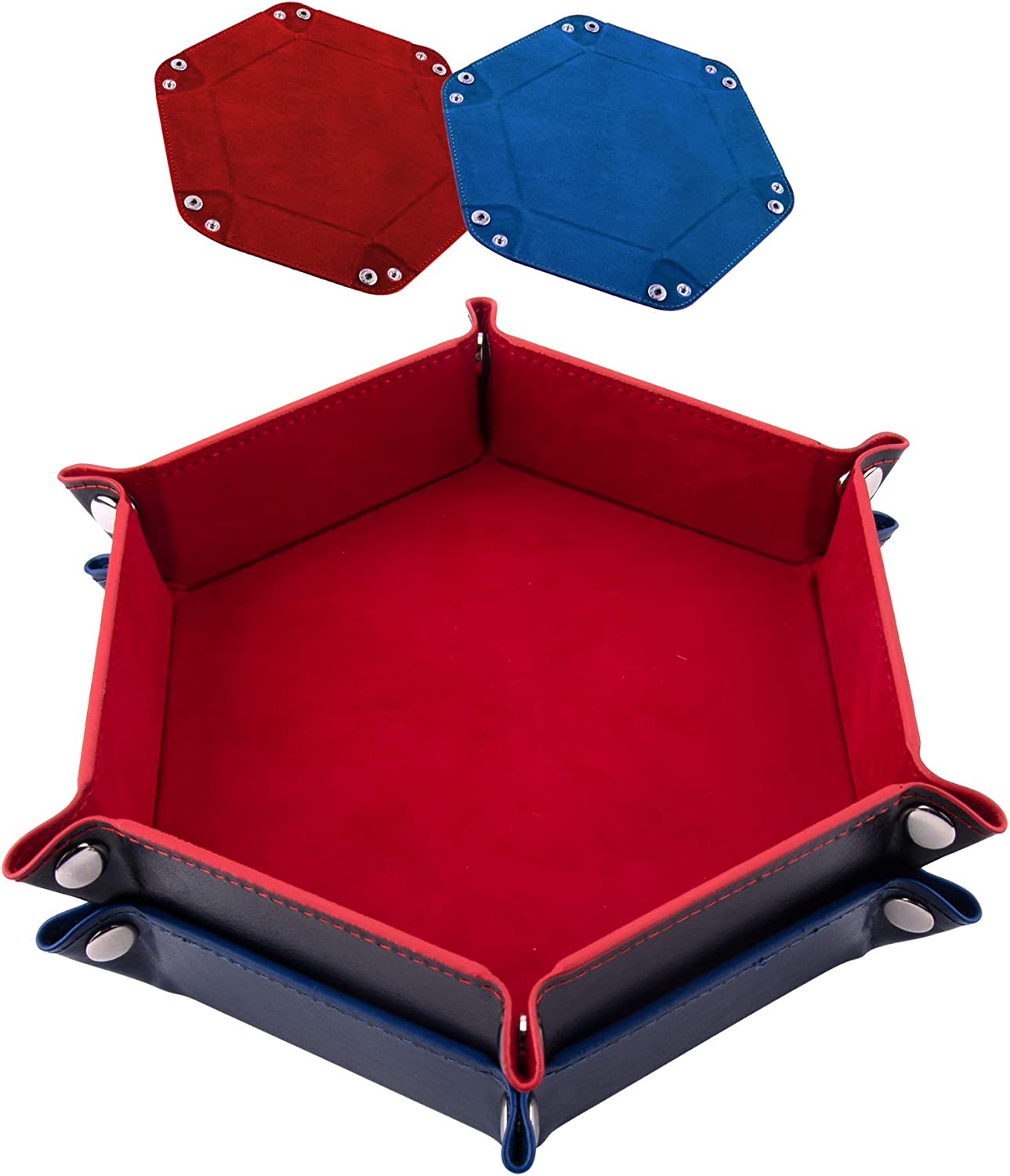 SIQUK 2 Pieces Dice Tray PU Leather Dice Folding Hexagon Tray Dice Holder for Dice Games like RPG, DND and Other Table Games (Red and Royal Blue) image number 3