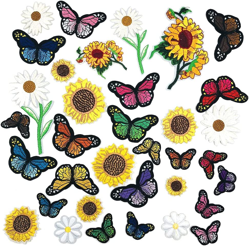 Sourceton 35 PCS Flowers Embroidered Iron on Patches, Sunflowers Butterfly Iron on Patches Set for Clothing Jeans,Bags, Arts Crafts DIY (Butterfly, Sunflower, Daisy) image number 1