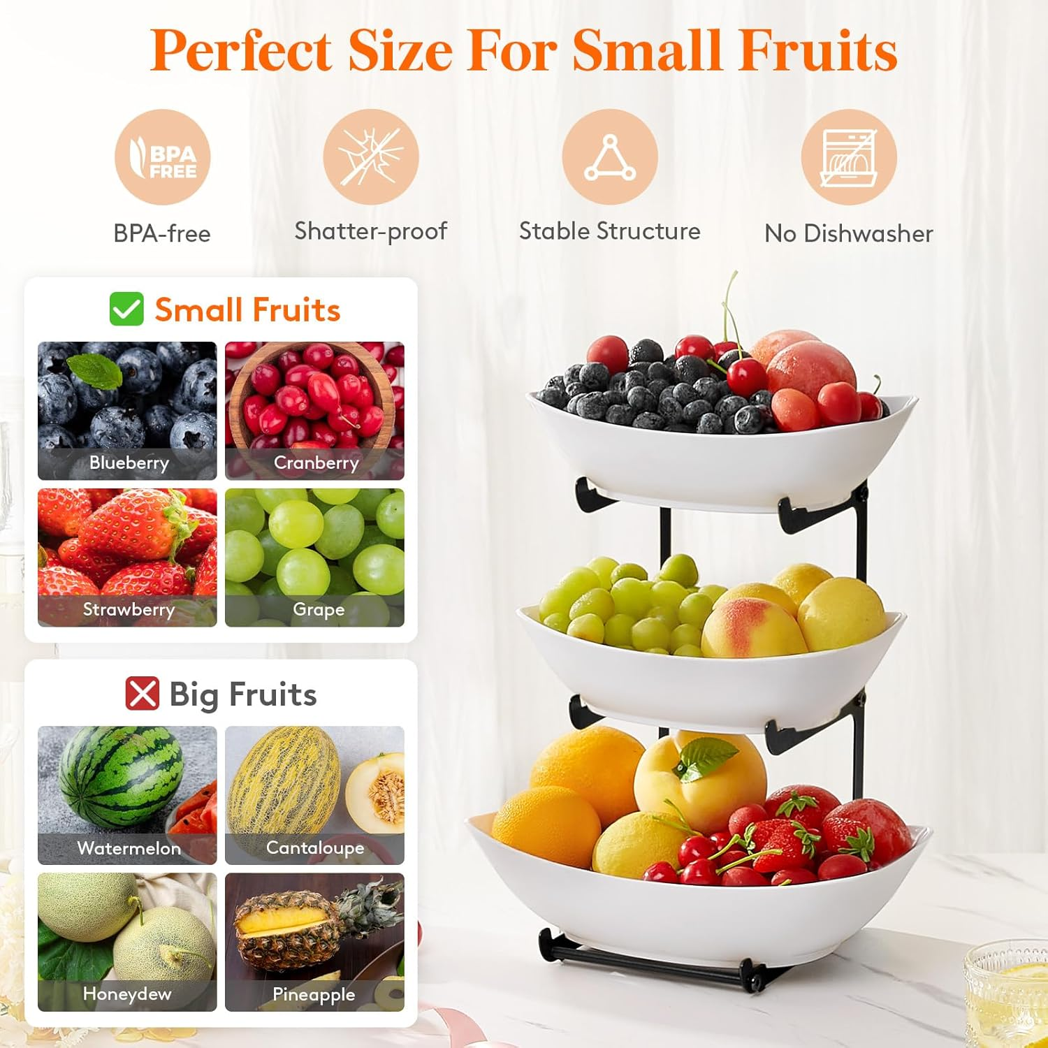 Lifewit Plastic Fruit Bowl Basket for Kitchen Countertop, 3 Tier Fruit Holder with Black Metal Stand, Serving Tray for Food, Vegetable, Cake, Dessert in Party image number 2
