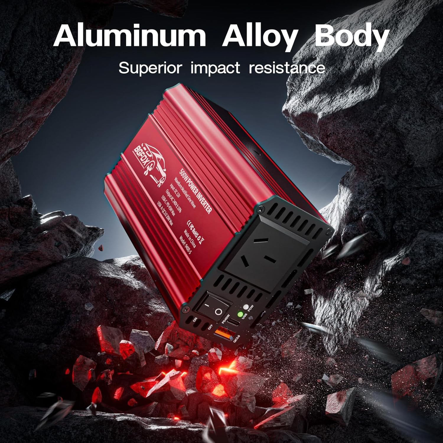 500W Car Power Inverter DC 12V to 240V AC Converter with 1 USB Ports and 1 PD Outlet, Car Charger Adpater for Road Trip and Camping-Red