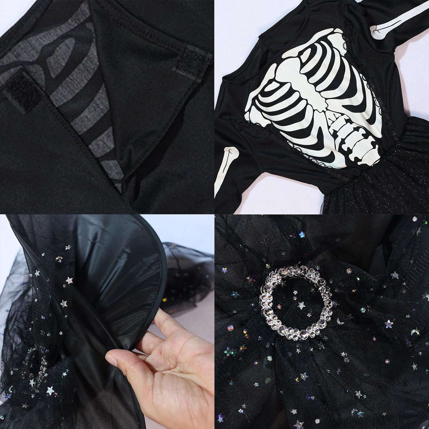 Giugio Witch Costume Girls, Princess Skeleton Costume Children Girls, Halloween Skeleton Costume with Skeleton Gloves and Witch Hat, Witch Costume Vampire Costume Child Witch Costume for Carnival image number 2