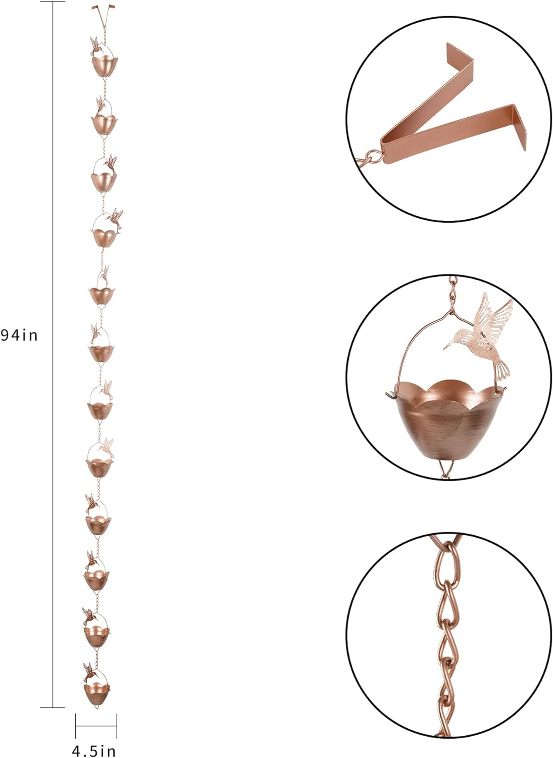 Topadorn 7.85 FT Rain Chains Decorative Iron Gutter Chain with 12 Rain Collector Cups with Hummingbird Petal Iron Flower Cups Garden Decorative image number 2