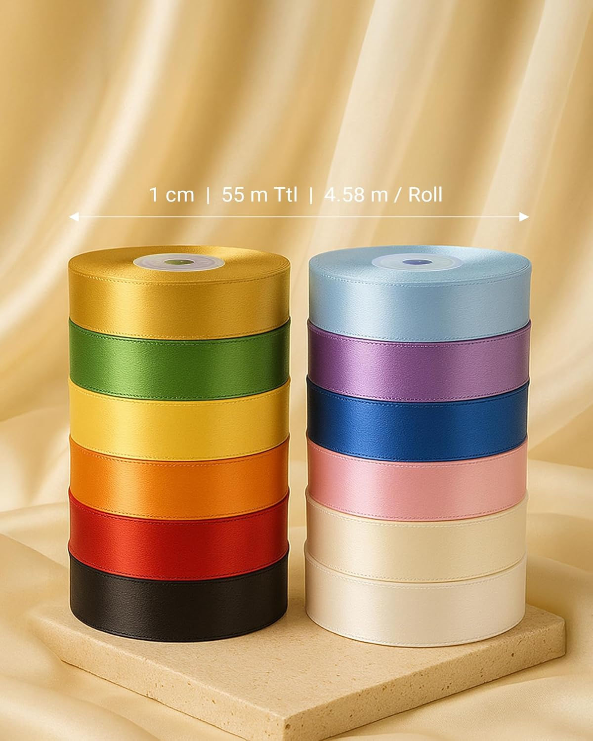 LIWEGHT Rainbow Satin Ribbon 12 Colors 1Cm X 4.58M, Total 55M, Double Face Satin Ribbons for Crafts, Gift Wrapping, Wedding Gifts, Hair Bows, Birthday Party Decorations image number 1