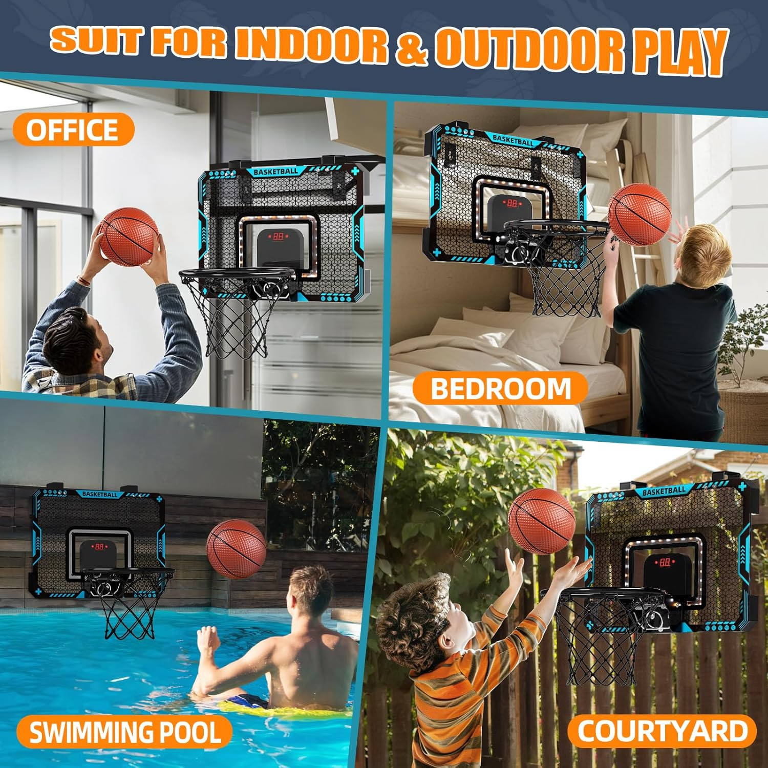 Uregoio Indoor Mini Basketball Hoop for Boys Kids Aged 5 6 7 8 9 10 11 12+, over the Door Basketball Hoops with LED Lighting, Electronic Scoreboard, and 4 Balls, Sport Toys Birthday Gift image number 2