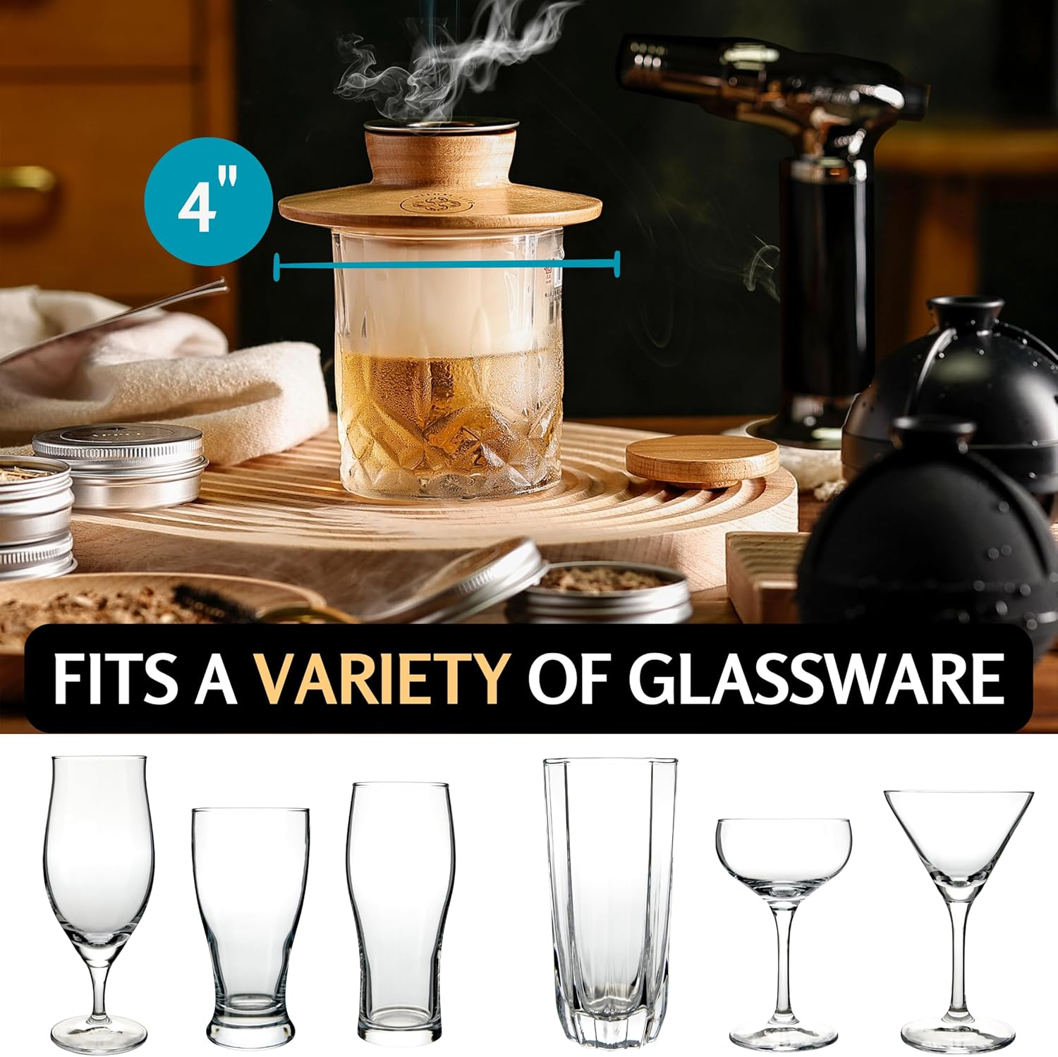 Whiskey Smoker Kit - Cocktail Smoker Kit with Torch, 2 Whiskey Glasses, 2 Ice Ball Makers, 6 Flavors Wood Chips - Old Fashioned Smokers - Bourbon Drink Smoking Set - Whiskey Accessories Gifts for Men image number 5