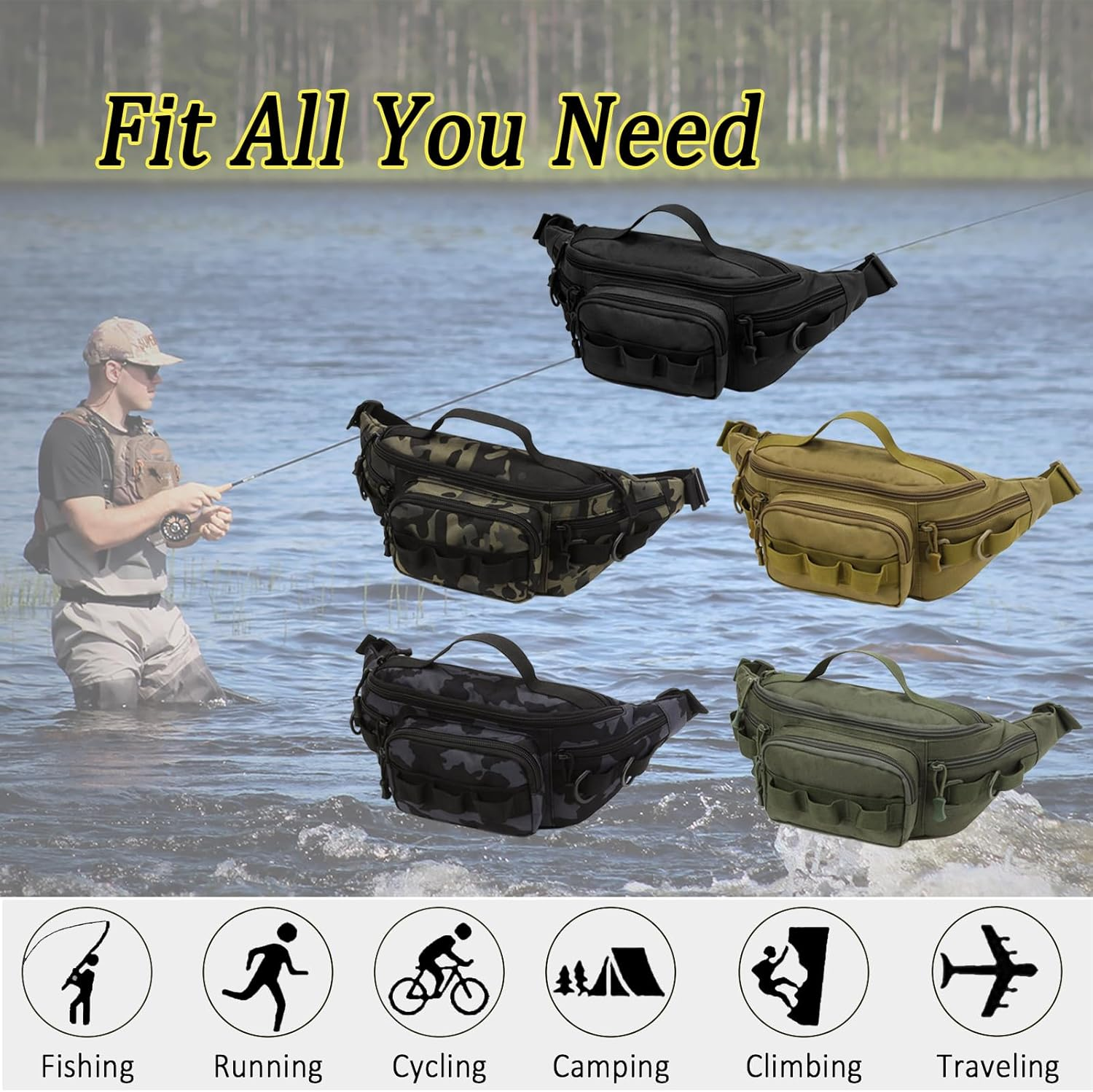 Tactical Fanny Pack, Water-Resistant Military Waist Bag for Outdoor Fishing, Hiking, Climbing - Small Tackle Storage Pack with 2 Mini Carabiners, Tan - Gray Camo image number 4