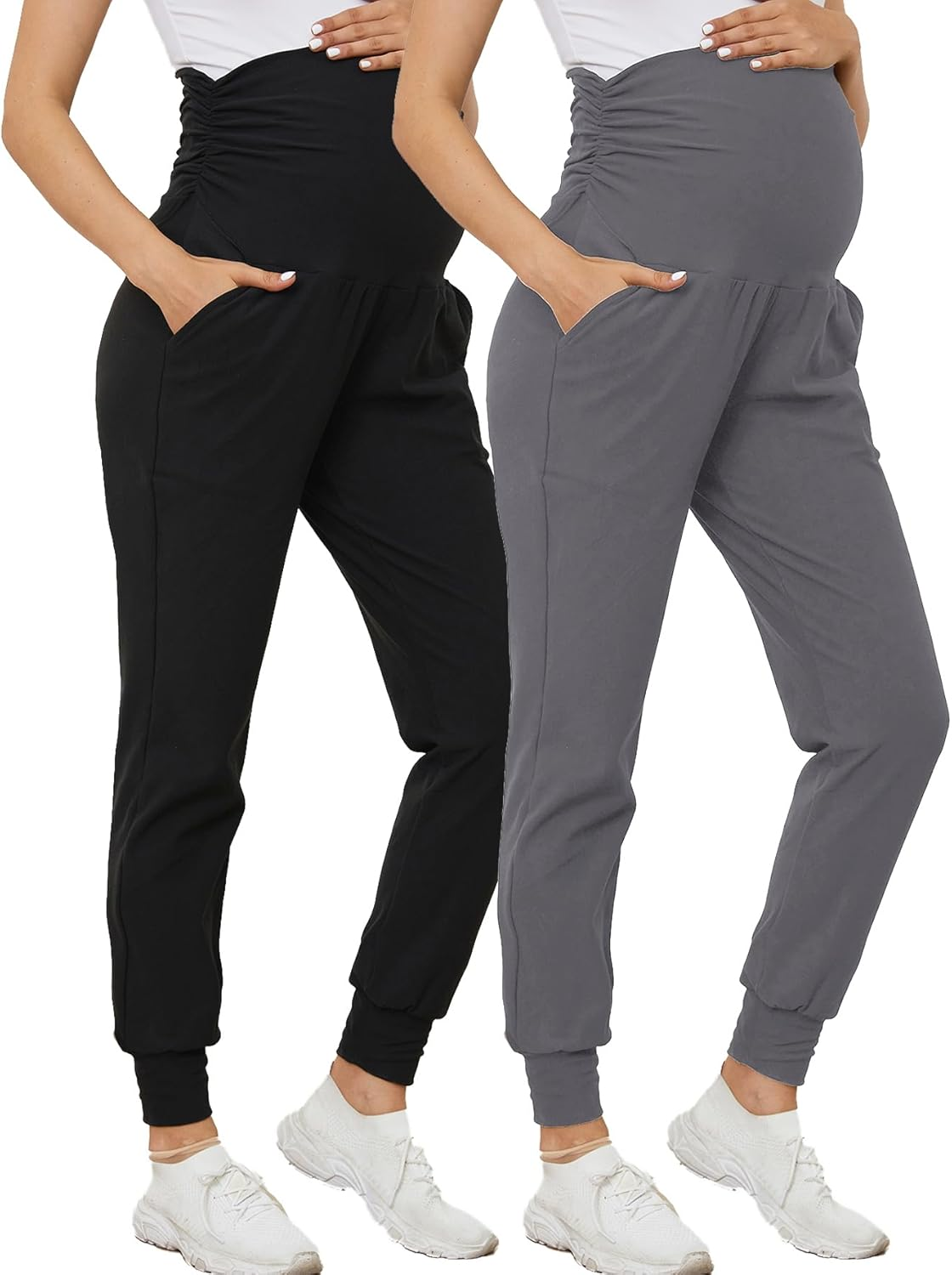 PARNIXS Women'S Maternity Workout Leggings over the Belly Pregnancy Yoga Pants with Pockets Soft Activewear Yoga Pregnancy Pant（2-Piece Set）