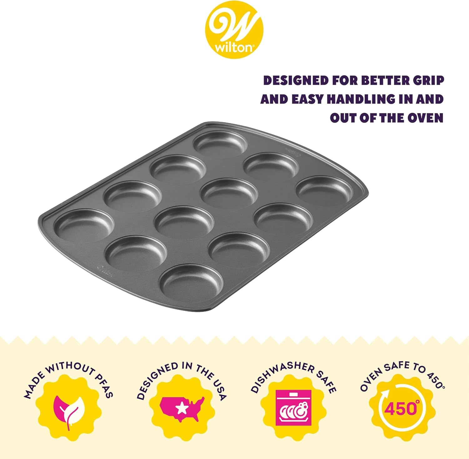 Wilton Perfect Results Premium Non-Stick Bakeware Muffin Top Pan - the Shallow Baking Cups Make Perfect Muffin Tops, Drop Cookies or Whoopie Pie Shells, 12-Cavity, Steel