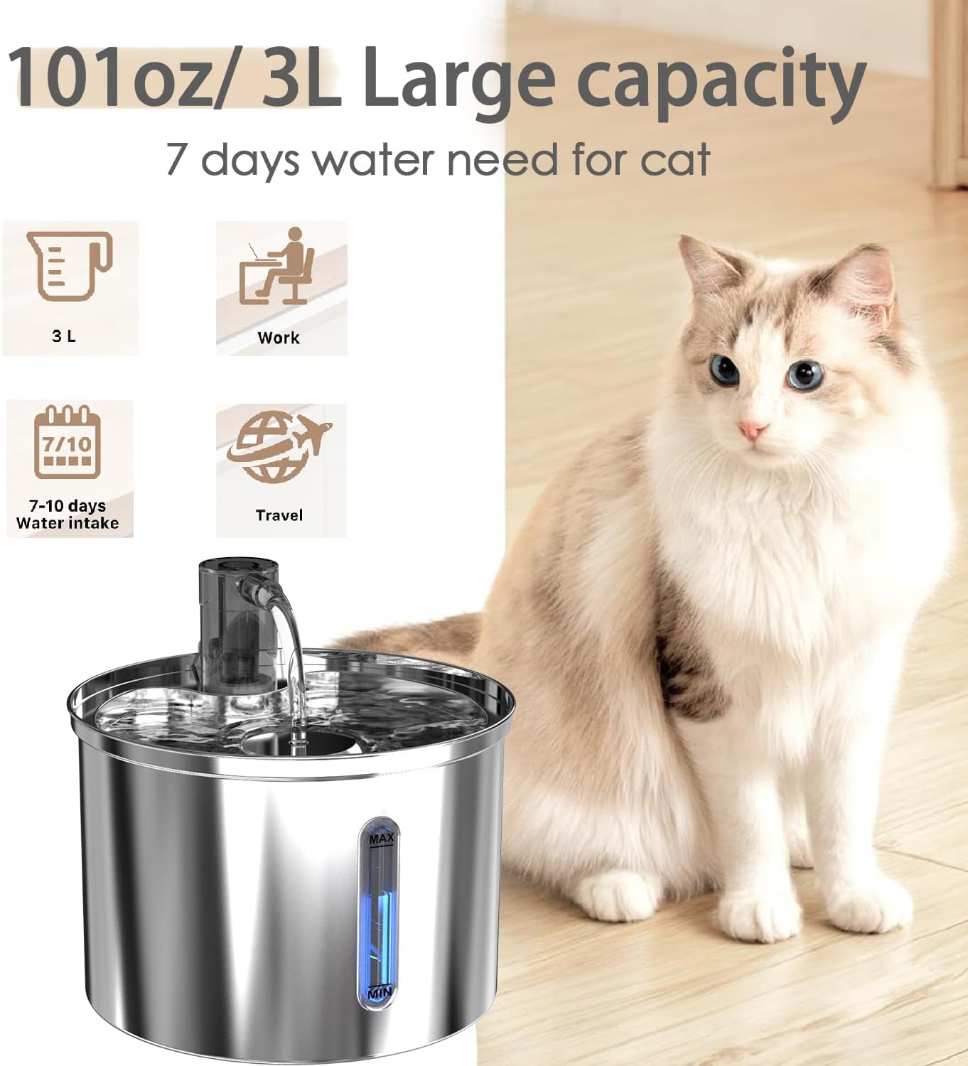 Cat Water Fountain Stainless Steel: 3L Pet Fountain Water Bowl Dog Drinking Dispenser, Cat Feeding & Watering Supplies, Animal Metal Kitty Spout for Cats inside with Replacement Filters, Silver